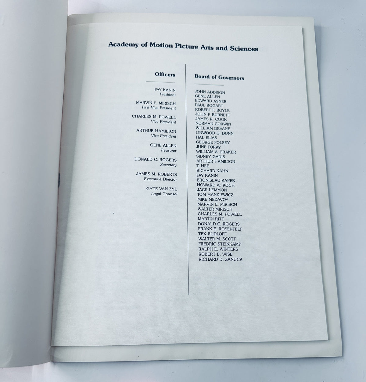 Inside page of the 53rd Annual Academy Awards Magazine, detailing the officers and board of governors of the Academy of Motion Picture Arts and Sciences.