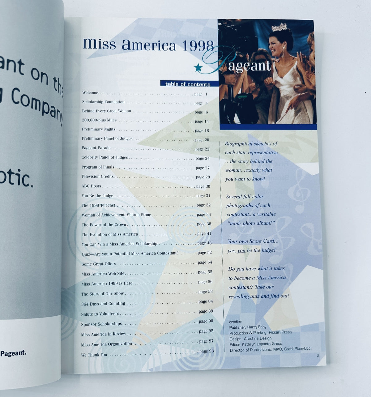 Inside contents page of 'Miss America Pageant 1998' with a detailed table of contents, outlining various sections and pages of the magazine.