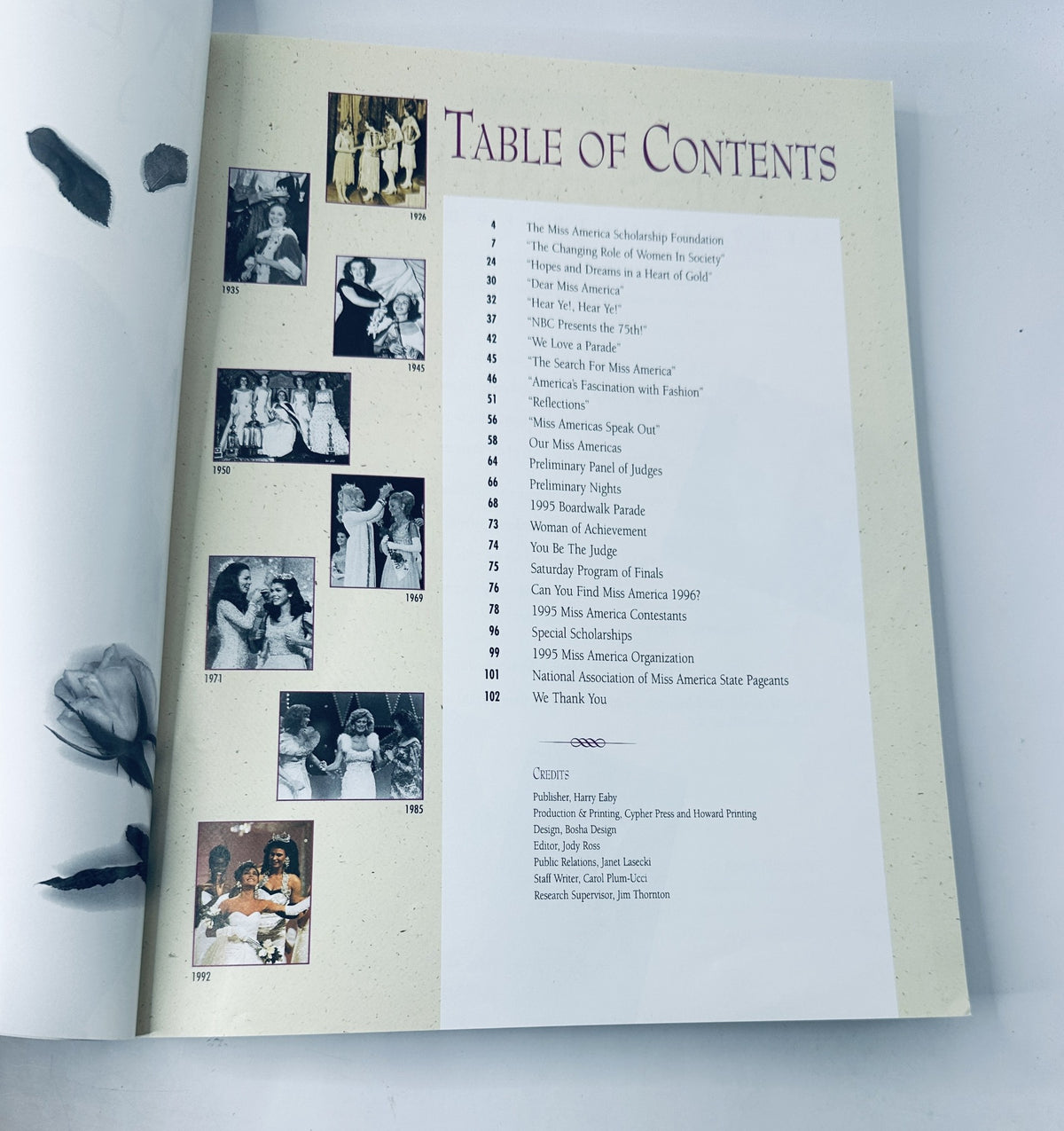 Table of Contents from Miss America Magazine 1995 75th Anniversary Official Program, featuring a list of articles and highlights from the pageant.