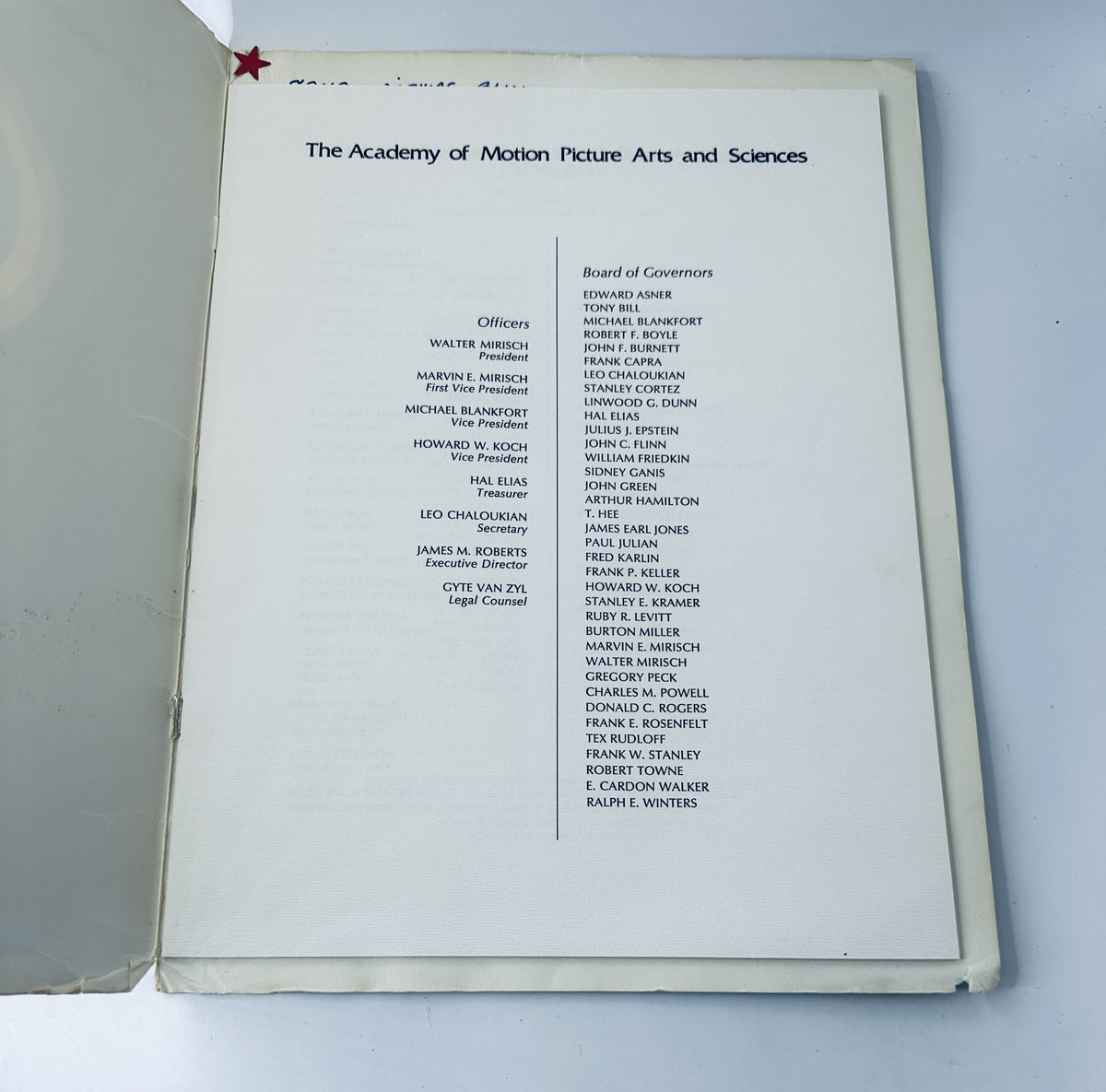 Inside page of the 49th Annual Academy Awards Magazine showing the Board of Governors and Officers of the Academy of Motion Picture Arts and Sciences.