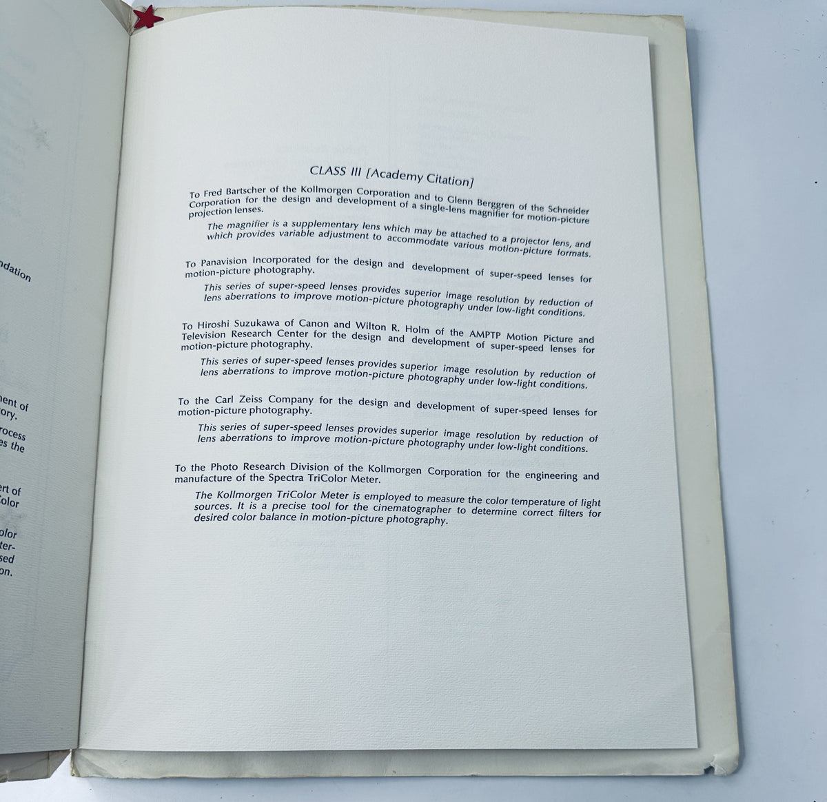 Inside text of the 49th Annual Academy Awards Magazine detailing CLASS III (Academy Citation) awarded to various contributors in motion-picture technology.