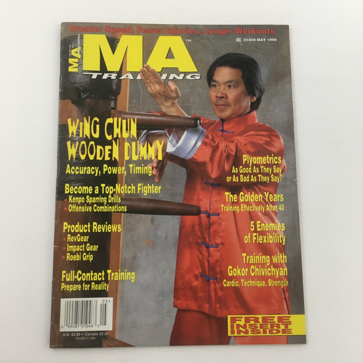 Front cover of the May 1998 MA Training Magazine showcasing Wing Chun Wooden Dummy. The magazine emphasizes martial arts techniques and includes articles on sparring drills and training methodologies.
