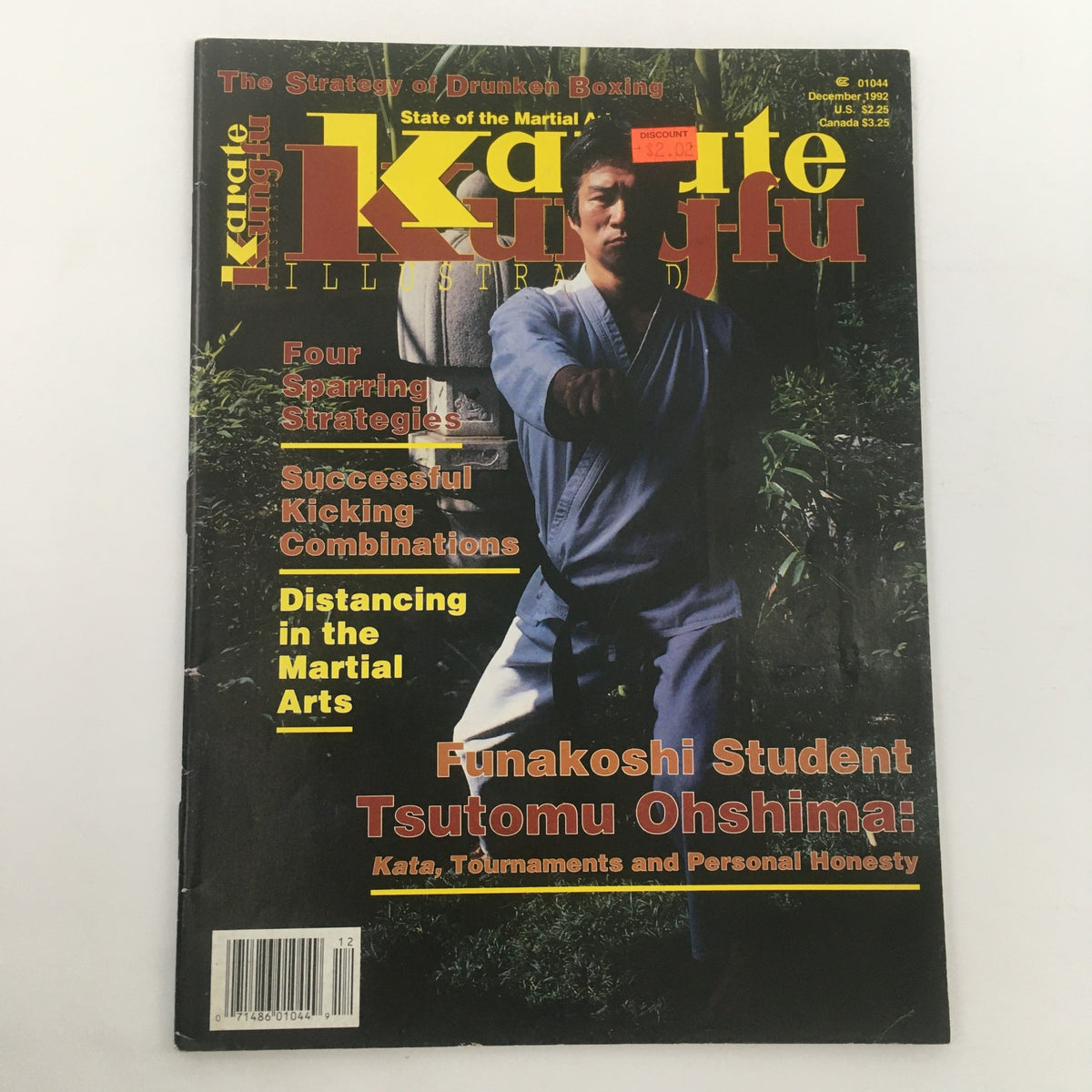 Karate Kung Fu Illustrated December 1992 magazine cover featuring Funakoshi student Tsutomu Oshima, showcasing martial arts themes such as sparring strategies and kicking combinations.
