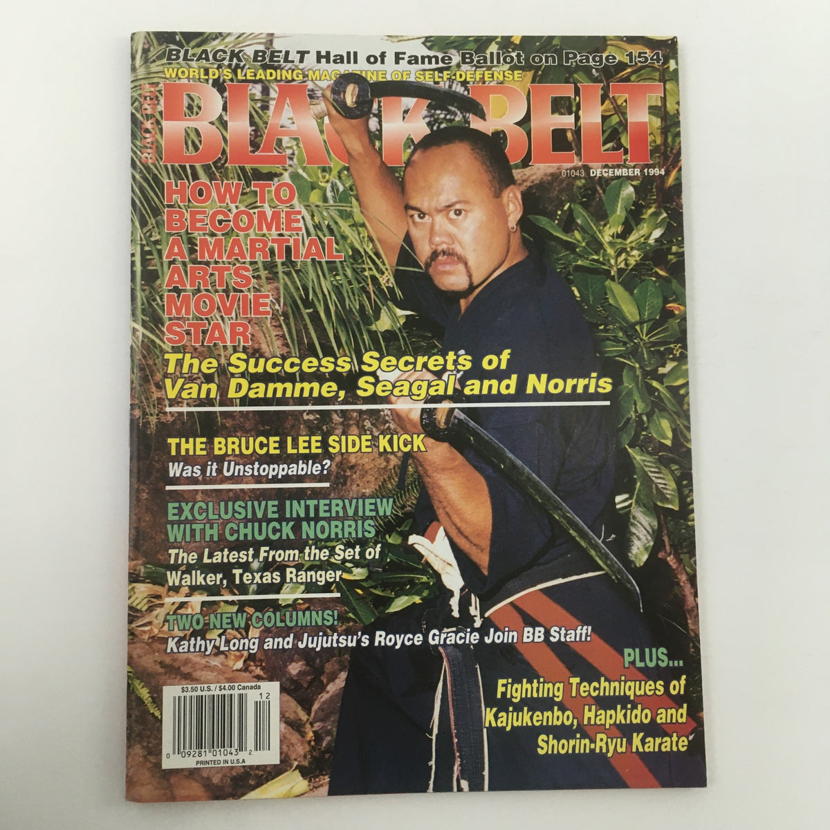 Close-up of Black Belt Magazine, December 1994 cover displaying headlines about martial arts, including an interview with Chuck Norris and techniques from various martial arts disciplines.