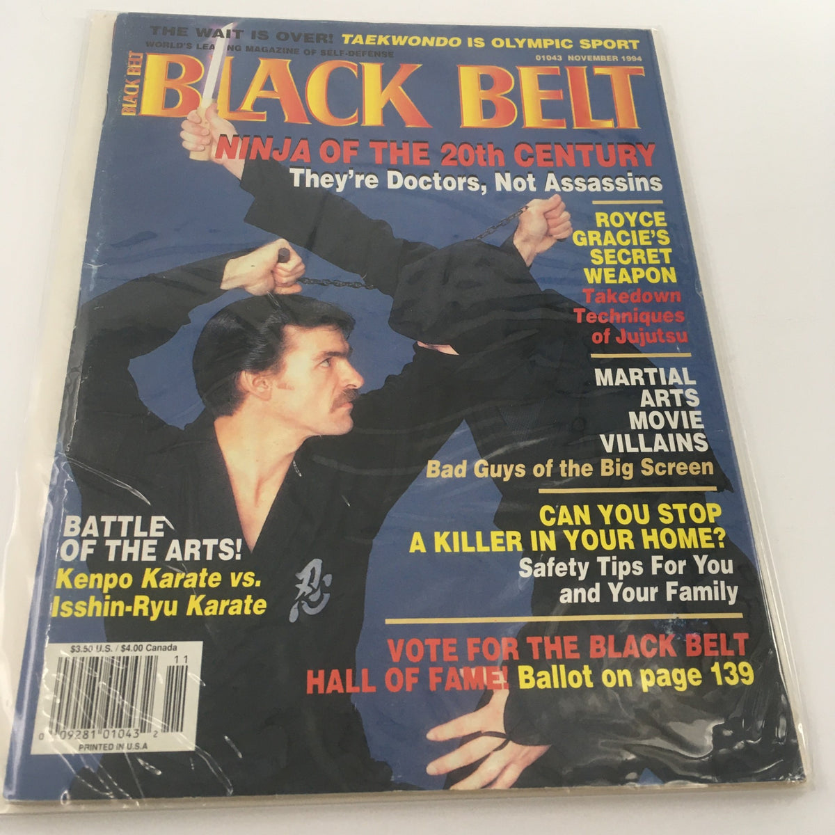 Cover of Black Belt Magazine November 1994 featuring Roy Gracie's Secret Weapon, with eye-catching graphics and headlines discussing martial arts techniques and the growing popularity of MMA.