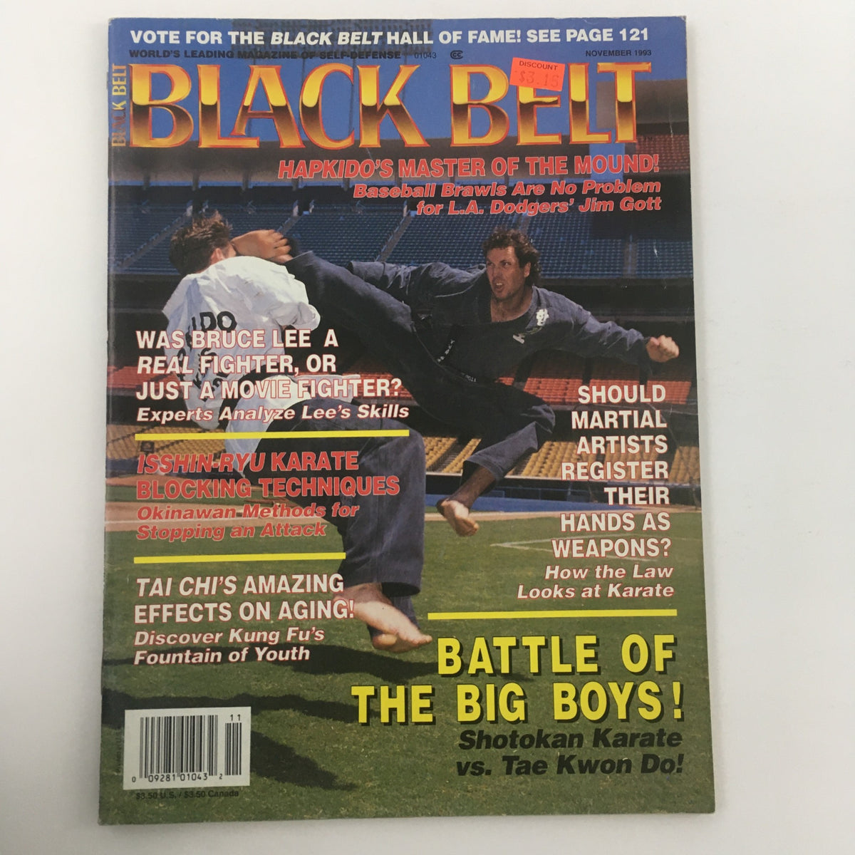 November 1993 issue of Black Belt Magazine showcasing Jim Gott of the L.A. Dodgers, with articles on Hapkido techniques and martial arts analysis.