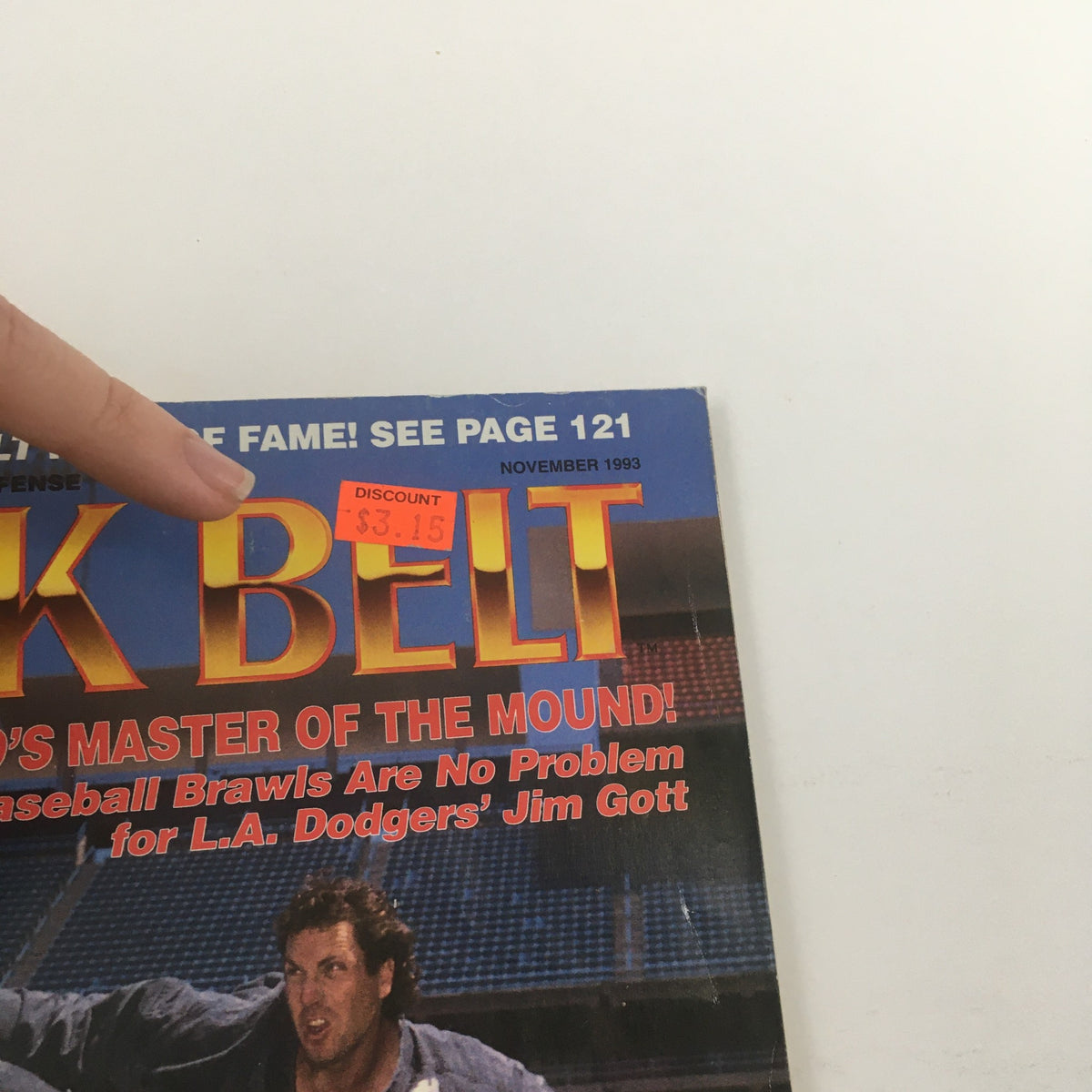 Cover of Black Belt Magazine, November 1993, featuring L.A. Dodger's Jim Gott with a price tag of $3.15. The magazine highlights baseball brawls and martial arts.