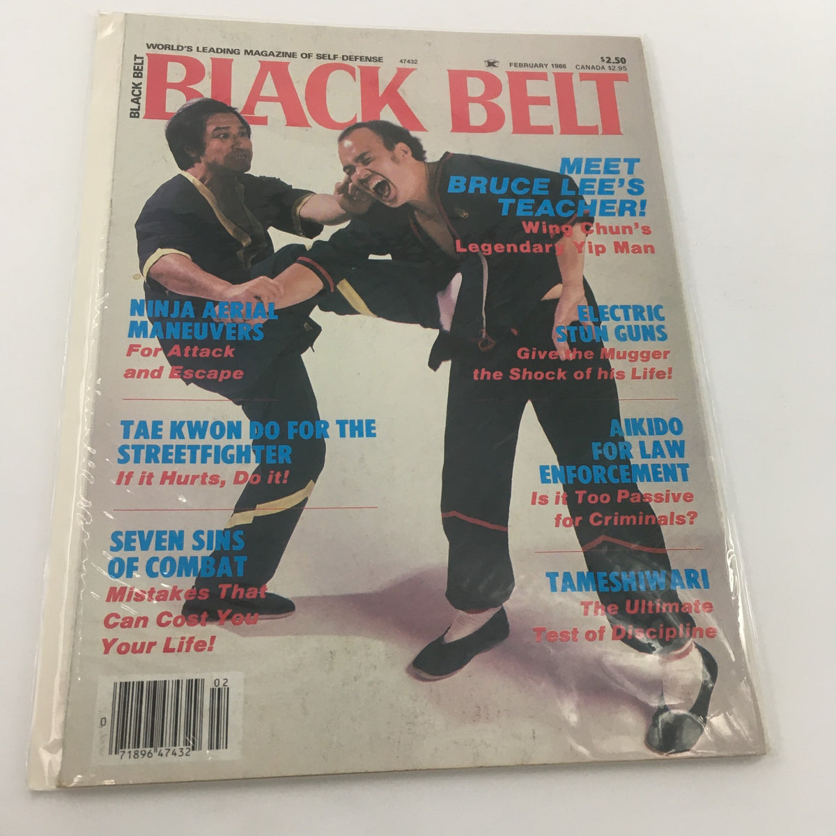 Cover of Black Belt Magazine February 1986 featuring Bruce Lee's teacher, Yip Man. The magazine highlights topics like Ninja Aerial Maneuvers, Tae Kwon Do for the Streetfighter, and Electric Stun Guns.