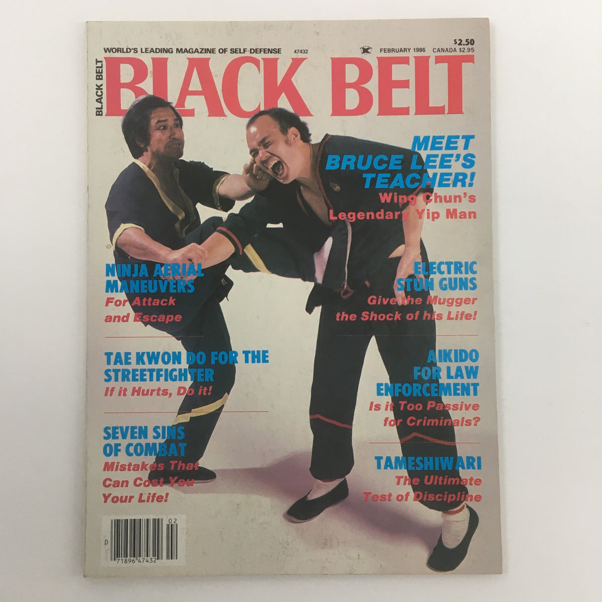 Front cover of Black Belt Magazine February 1986 showcasing Bruce Lee's teacher, Yip Man, with articles on martial arts techniques and self-defense tips.
