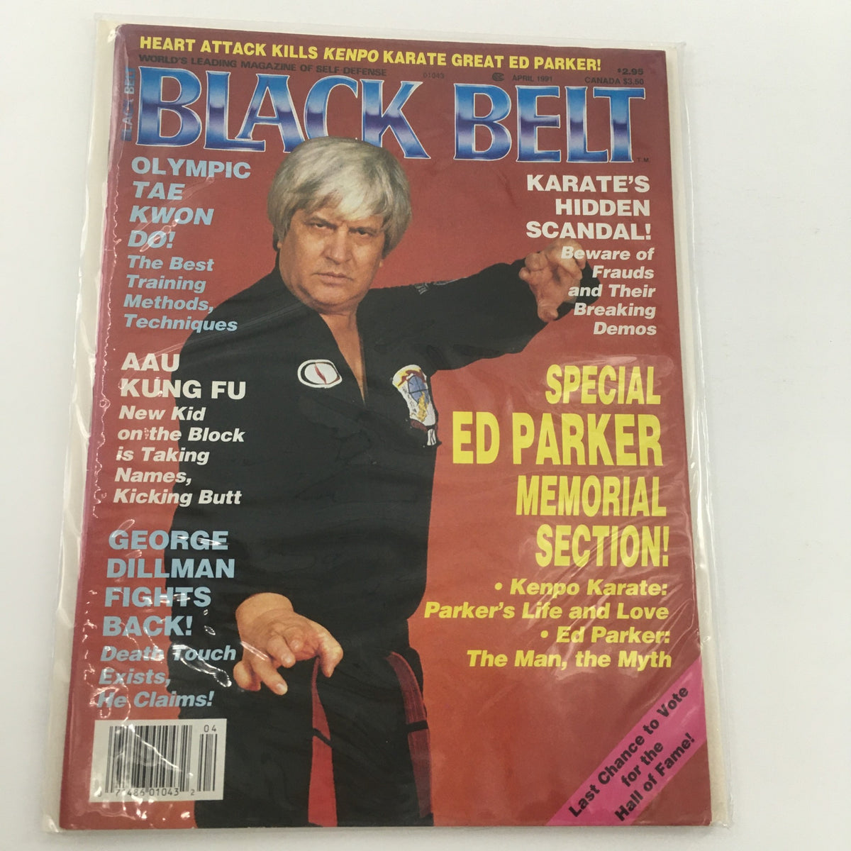 Black Belt Magazine April 1991 Special Ed Parker Memorial Section cover featuring martial artist in black attire, emphasizing Ed Parker's legacy and martial arts history.