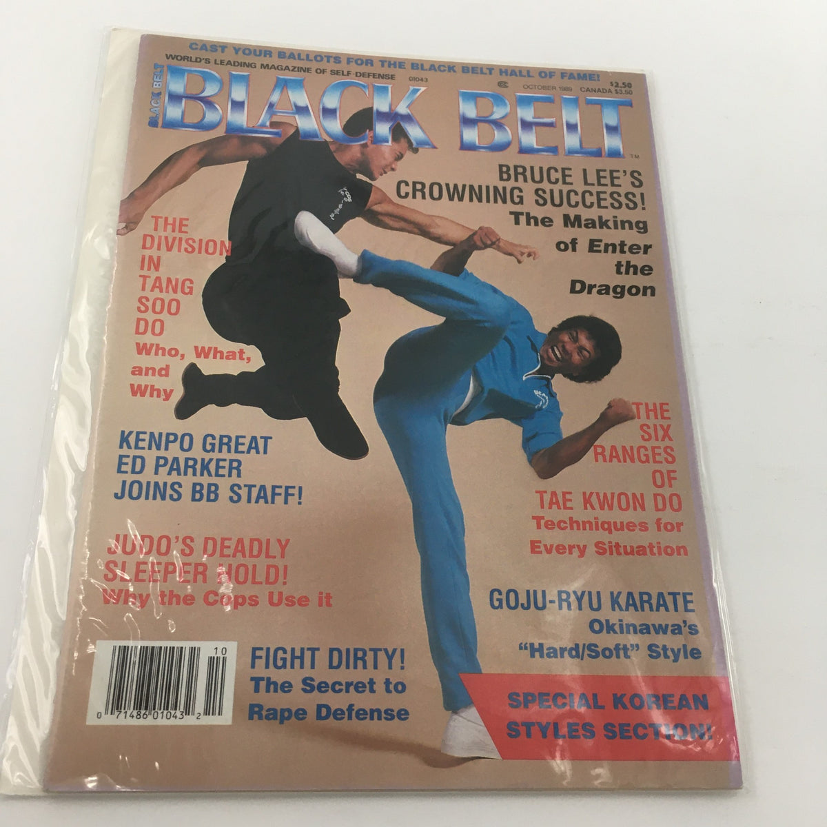 Cover of Black Belt Magazine, October 1989 edition, featuring articles on Tang Soo Do, Kenpo, and self-defense techniques. Highlights include Bruce Lee's success and the making of Enter the Dragon.