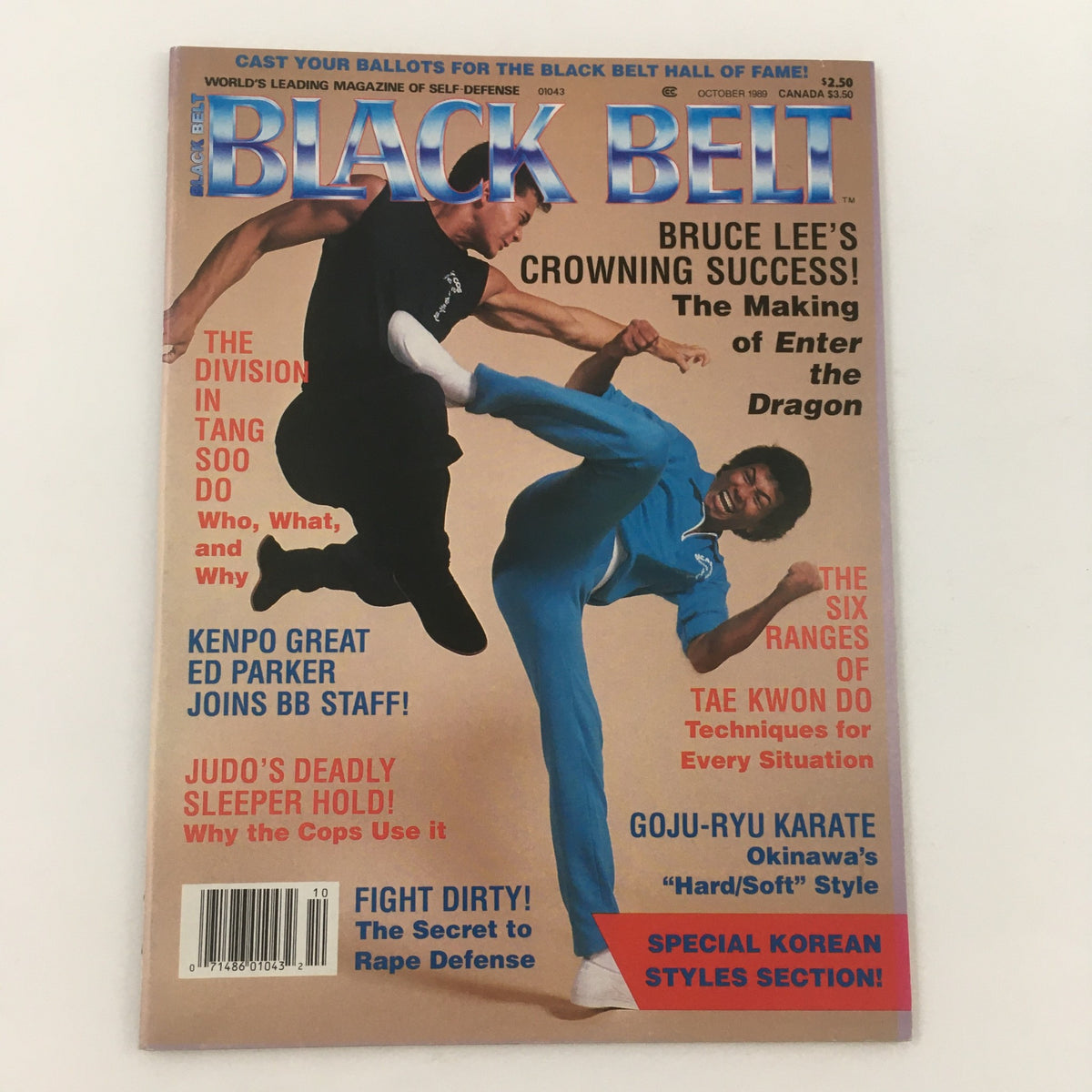 Front cover of Black Belt Magazine, October 1989, showcasing martial arts topics including Tang Soo Do, Kenpo, and a special section on Korean styles, with vibrant graphics and engaging headlines.