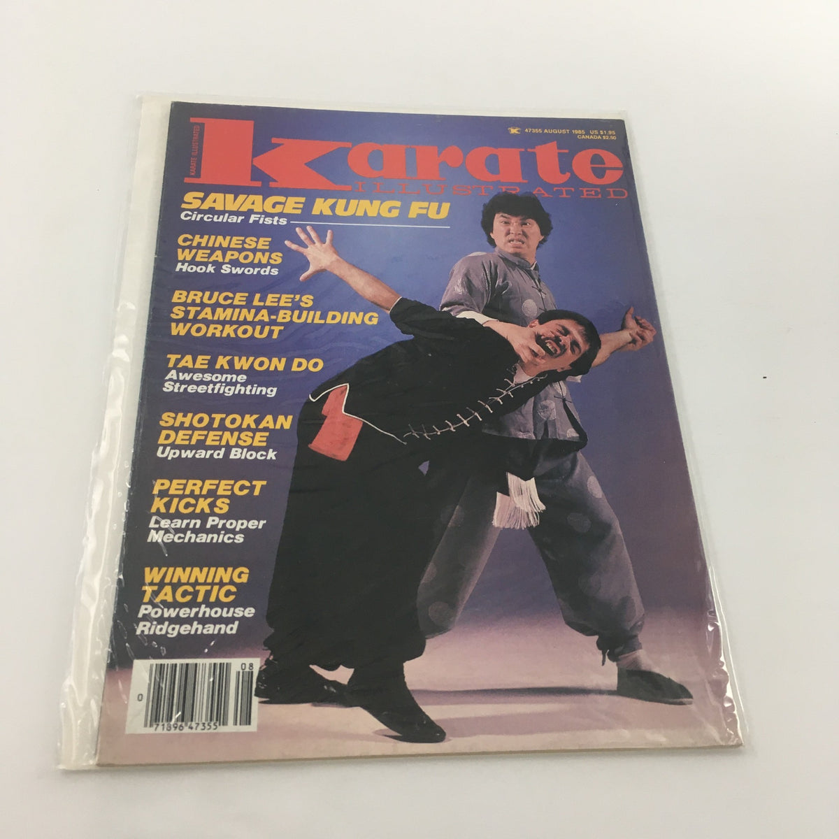 Cover of Karate Illustrated Magazine August 1985 featuring Bruce Lee's Stamina-Building Workout. The magazine highlights various martial arts topics including Savage Kung Fu and Tae Kwon Do.