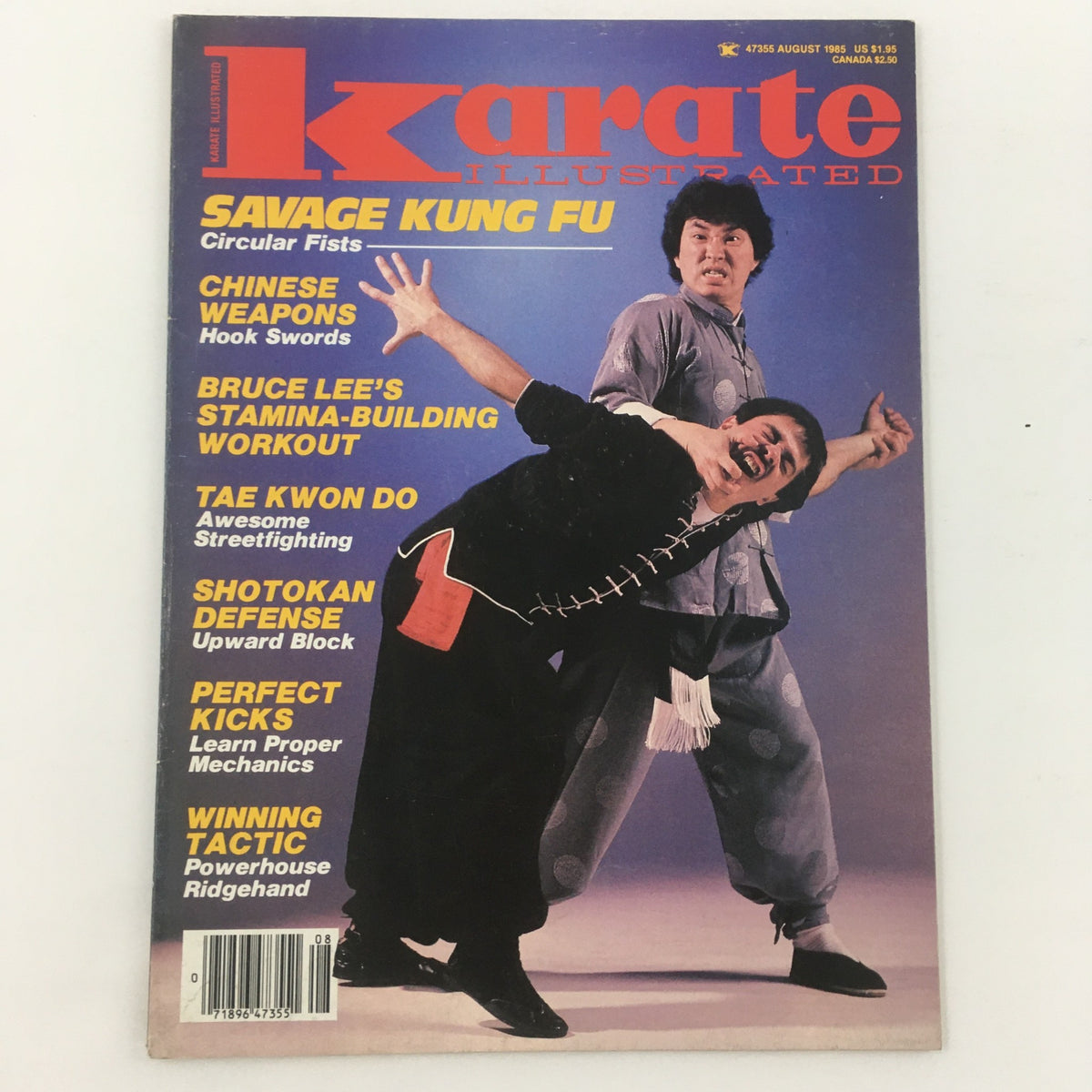 Front cover of Karate Illustrated Magazine August 1985 showcasing Bruce Lee's Stamina-Building Workout along with features on hooked swords and upward block techniques in martial arts.