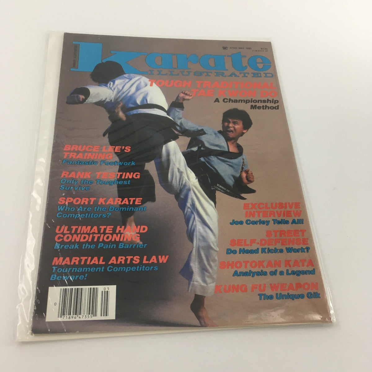 Cover of Karate Illustrated Magazine, May 1985, featuring an exclusive interview with Joe Corley, showcasing martial arts action and articles on karate training and techniques.