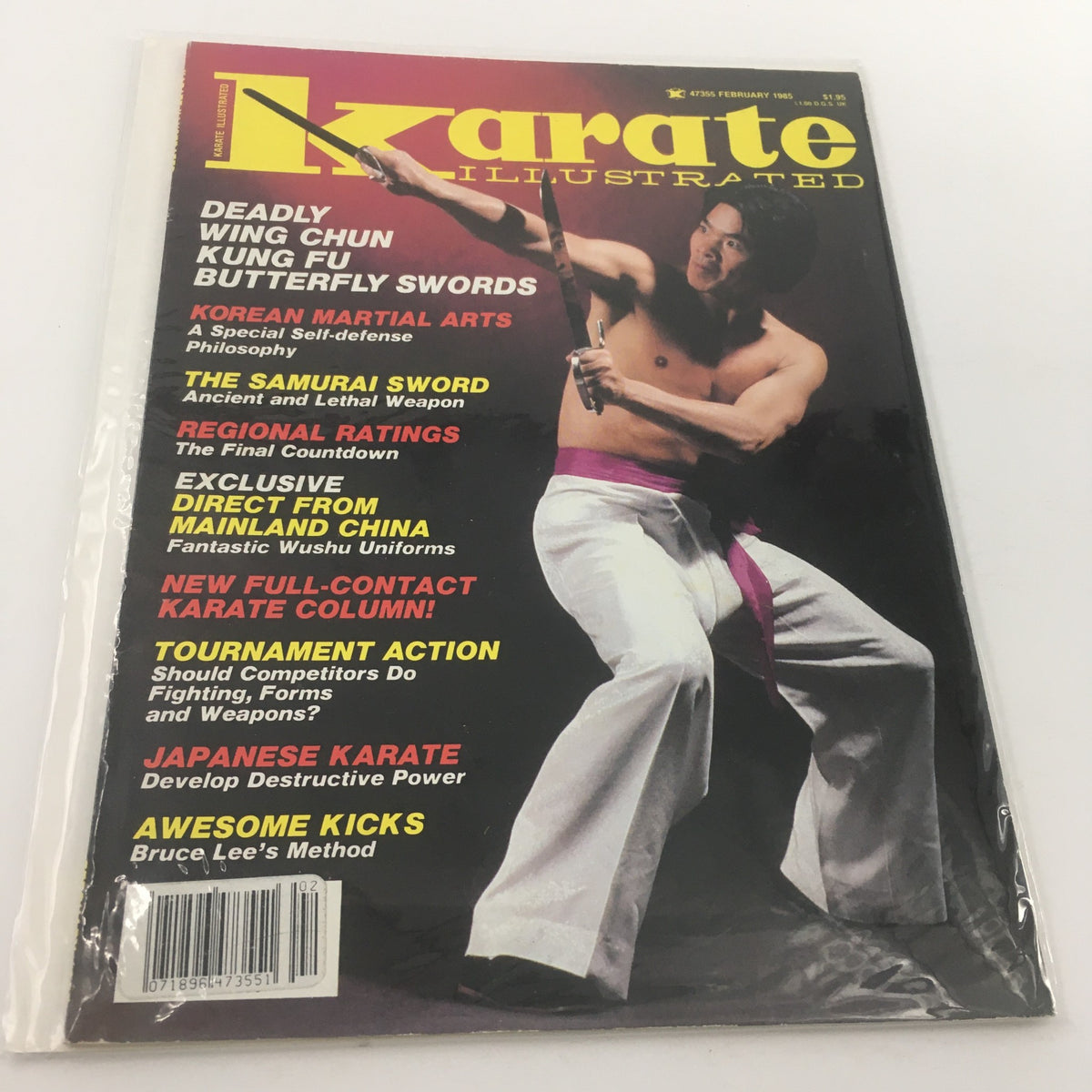 Cover of Karate Illustrated Magazine February 1985 featuring Wing Chun Kung Fu Swords, showcasing a martial artist with a butterfly sword, vibrant colors and engaging headlines about martial arts techniques and culture.