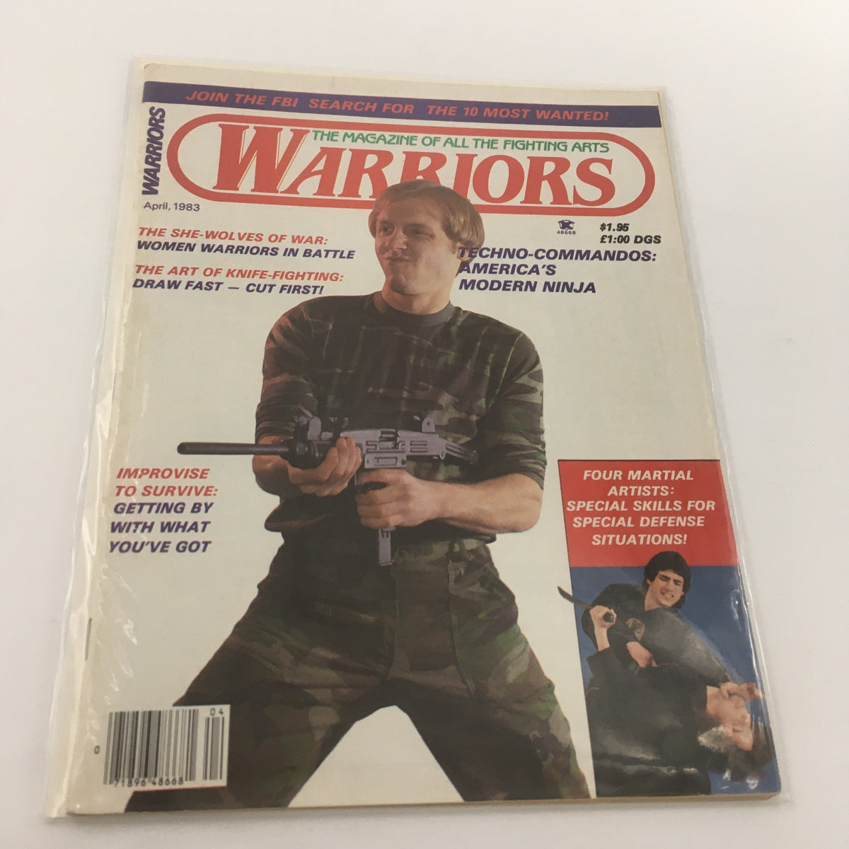 Cover of Warriors Magazine April 1983 featuring Techno-Commandos, America's Modern Ninja. The magazine showcases a soldier holding a weapon, emphasizing themes of martial arts and combat.