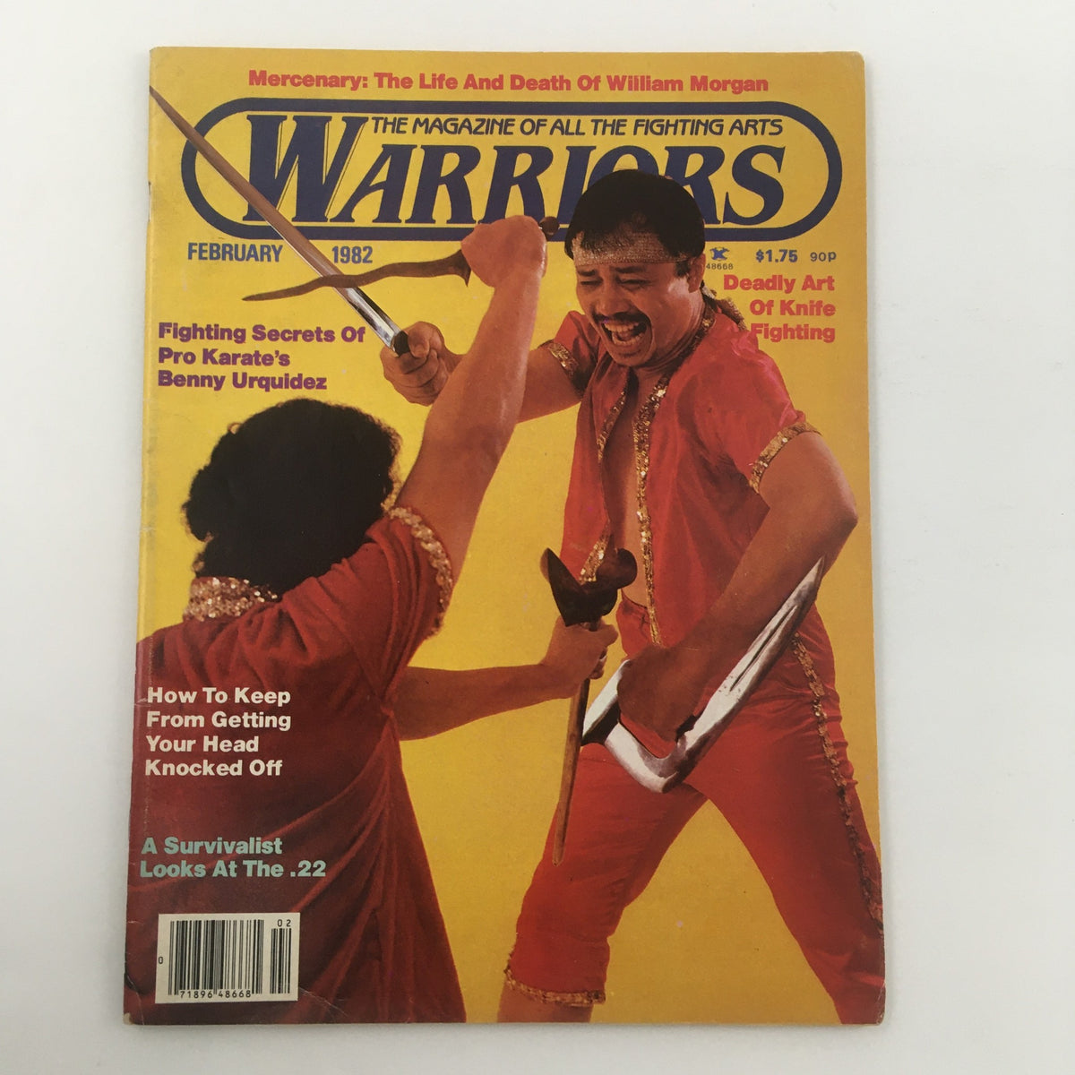 Warriors Magazine February 1982 cover depicting martial arts action scene, highlighting Benny Urquidez with the title 'Fighting Secrets of Pro Karate'.