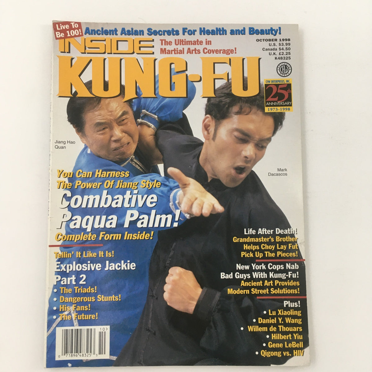 Cover of Inside Kung-Fu Magazine October 1998 featuring Jiang Hao Quan and Mark Dacascos. The magazine highlights martial arts techniques and includes mentions of Combative Paqua Palm and explosive martial artist Jackie Chan.