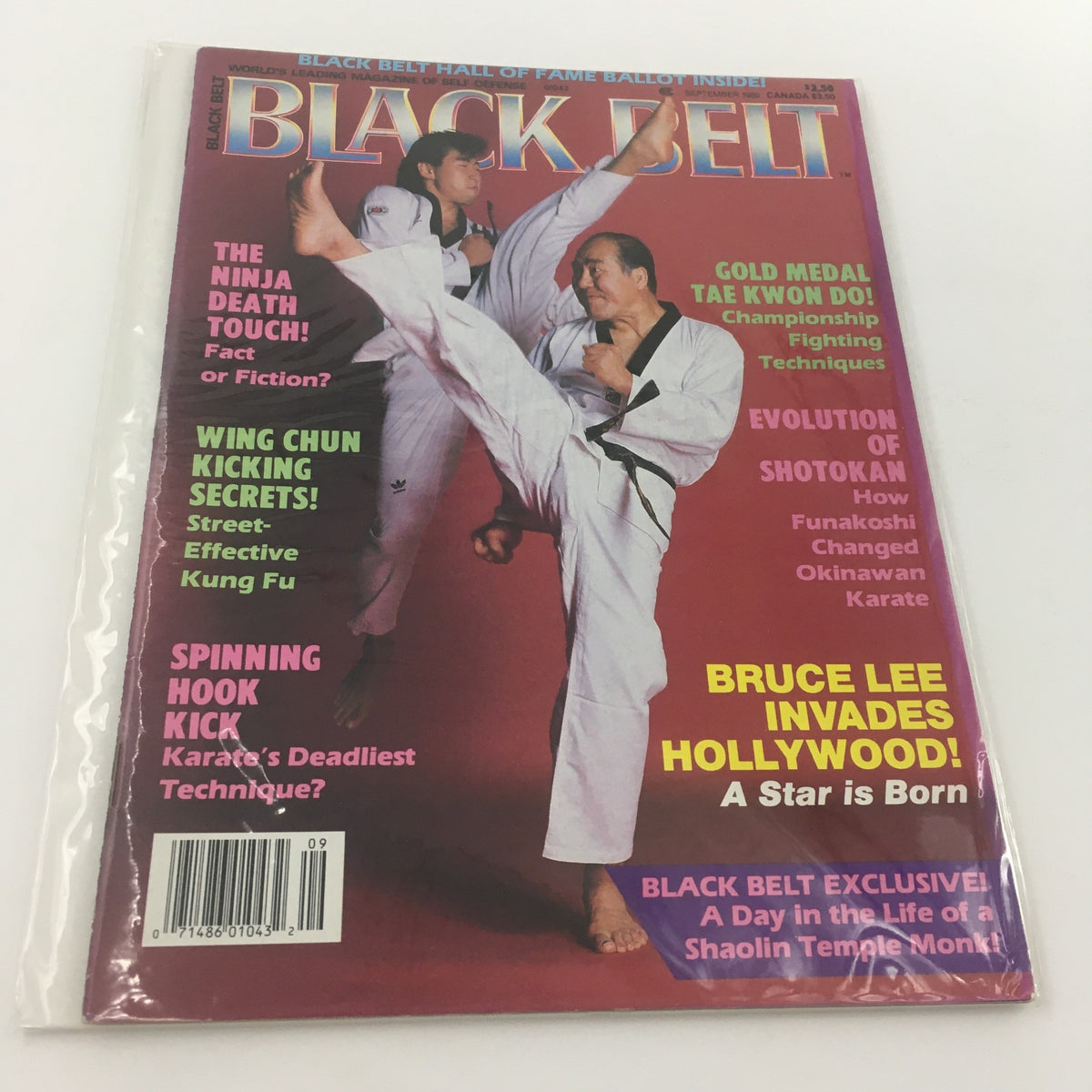 Cover of Black Belt Magazine September 1989 titled 'Bruce Lee Invades Hollywood' showcasing martial arts techniques, featuring a dynamic action shot of two martial artists in action with various headlines.
