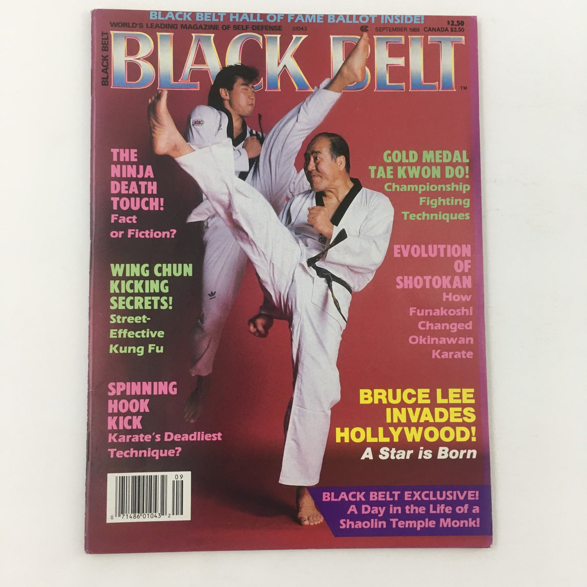 Black Belt Magazine September 1989 cover reading 'Bruce Lee Invades Hollywood', displaying martial arts skills with two practitioners demonstrating a high kick and multiple articles about karate techniques.