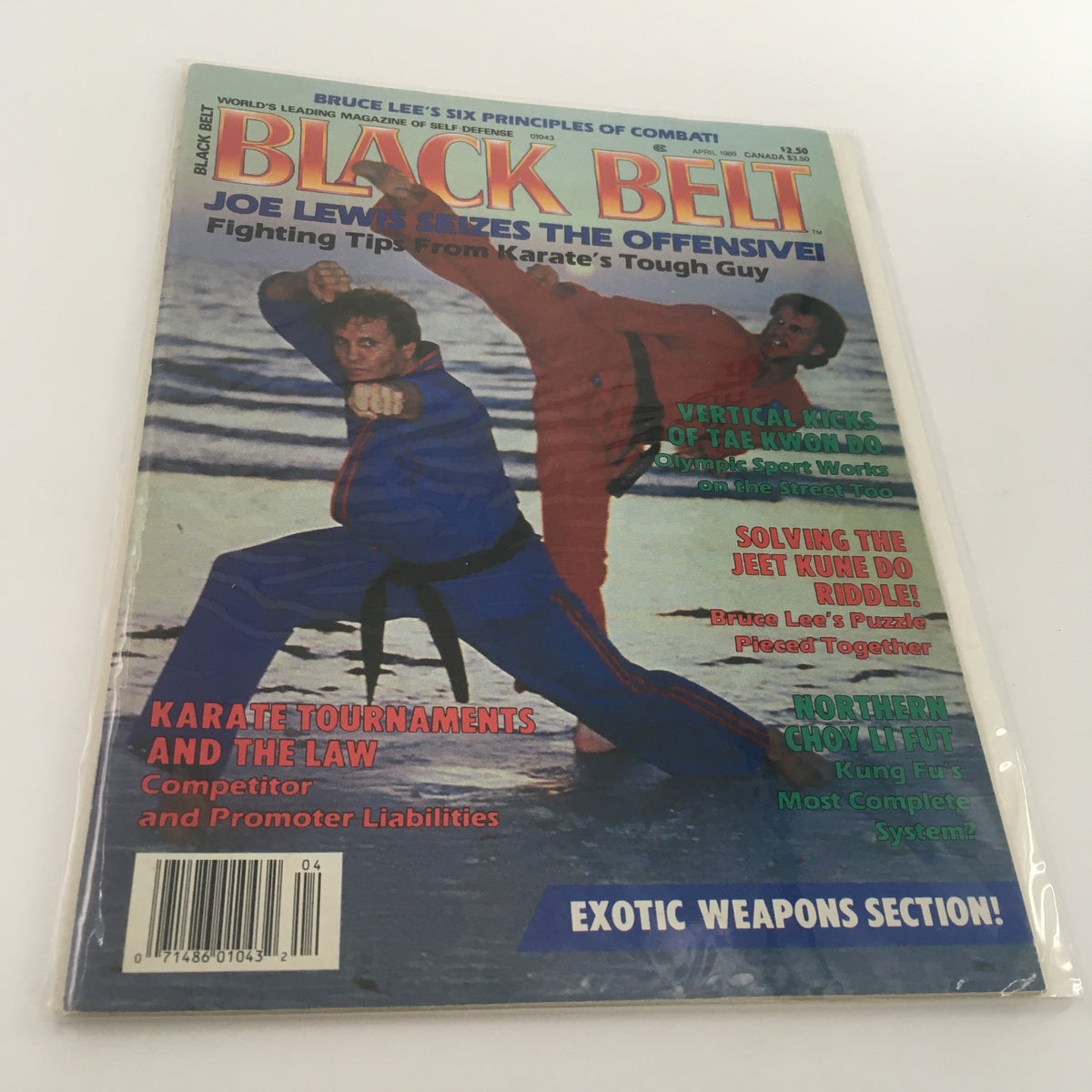 Cover of Black Belt Magazine April 1989 featuring the Northern Choy Li Fut Kung Fu System. The cover includes martial artists in dynamic poses, emphasizing fighting techniques and articles about Karate tournaments, Tae Kwon Do, and Jeet Kune Do.