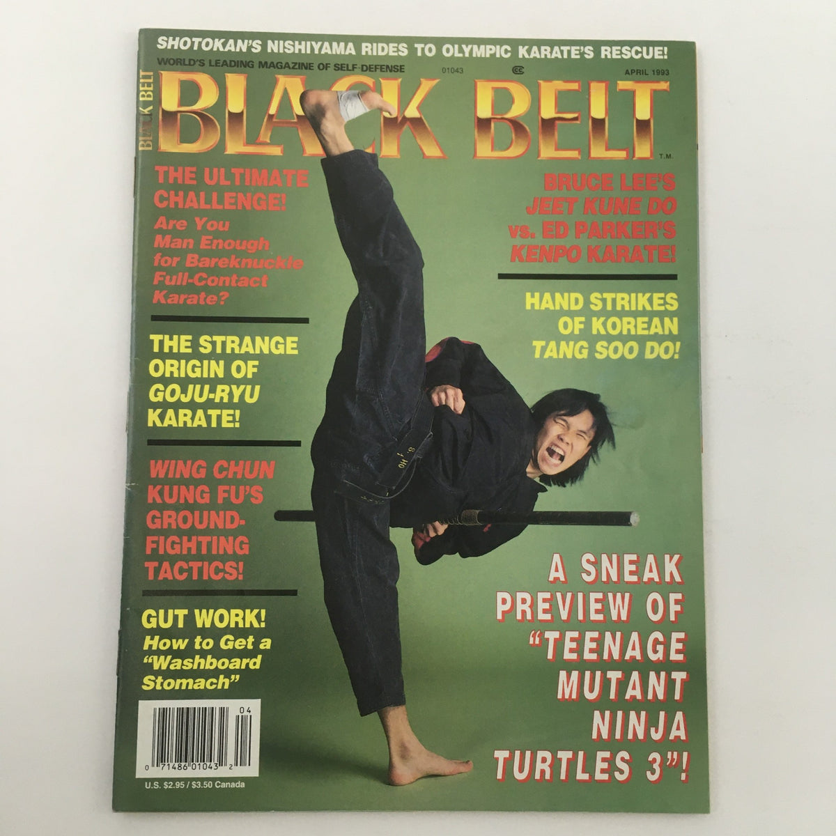 Front cover of Black Belt Magazine April 1993 highlighting Bruce Lee's Jeet Kune Do versus Ed Parker's Kenpo, with an image of a martial artist in a high kick.
