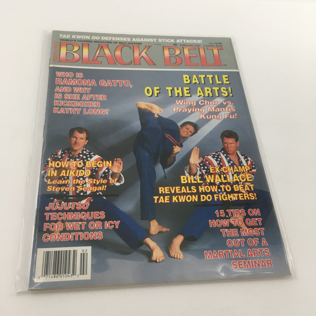 Cover of Black Belt Magazine February 1993 featuring Bill Wallace, including articles about martial arts techniques and a comparison between Wing Chun and Praying Mantis Kung Fu.