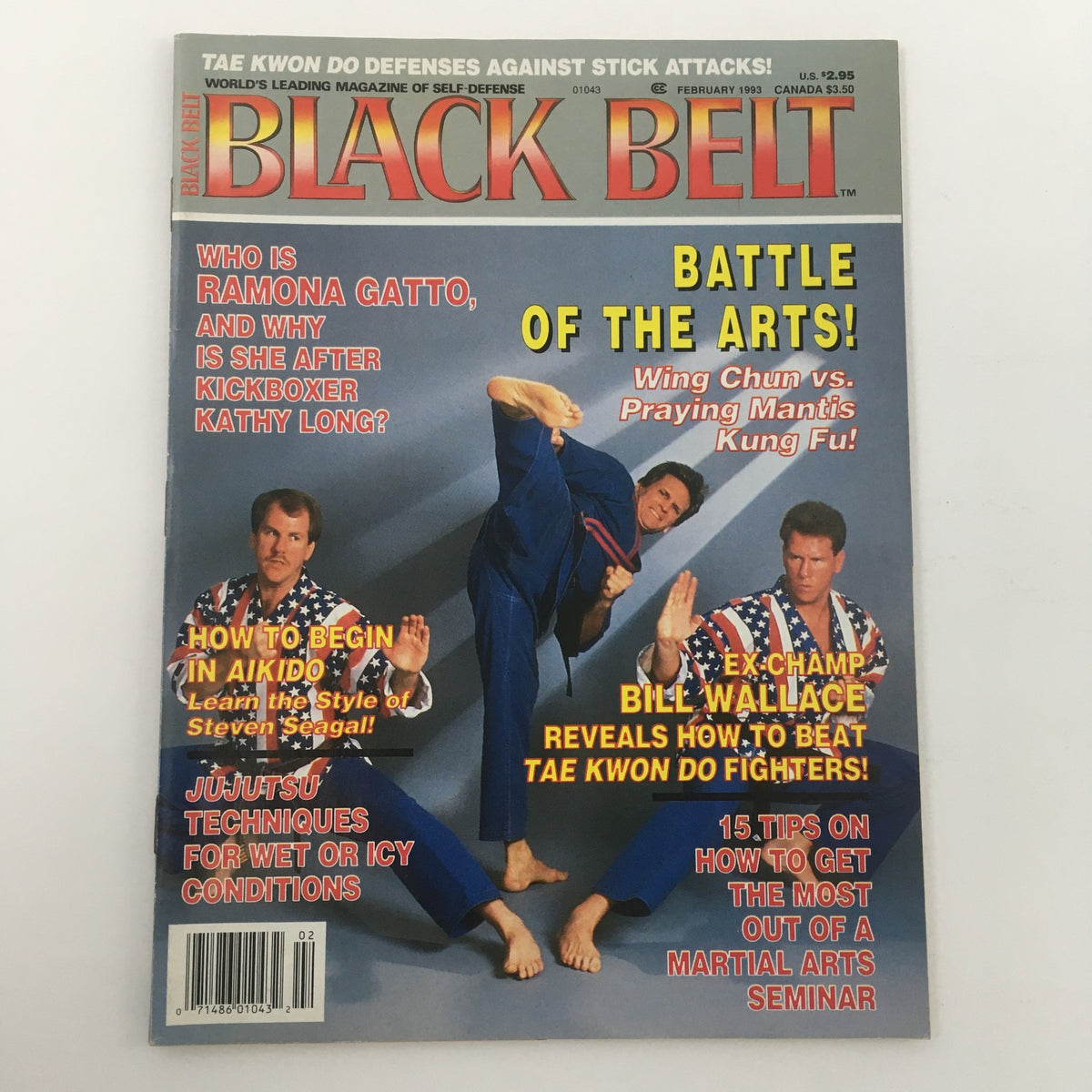 Cover of Black Belt Magazine February 1993 showcasing Bill Wallace with highlights on Aikido, martial arts techniques, and featured articles on self-defense strategies.
