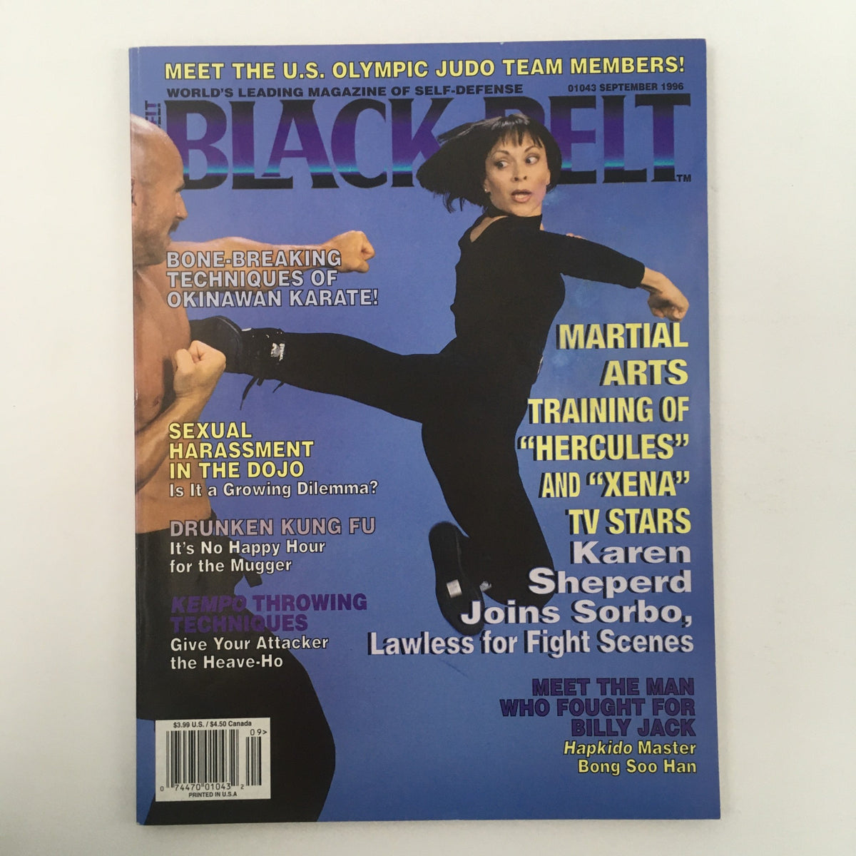 Another view of the cover of Black Belt Magazine September 1996, showcasing Karen Sheperd performing a martial arts kick, with headlines discussing bone-breaking techniques and articles on TV stars.