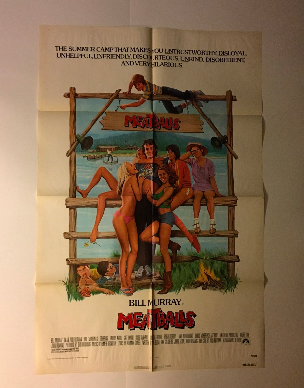 1979 MeatBalls 27 x 41 Original Movie Poster featuring Bill Murray, showcasing vibrant camp-themed artwork and characters enjoying summer antics.