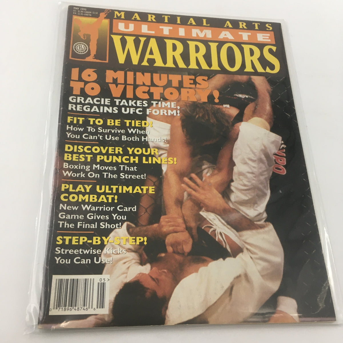 Cover of Martial Arts Ultimate Warriors Magazine May 1995 featuring Royce Gracie, highlighting key articles on victory, combat strategies, and boxing tips.