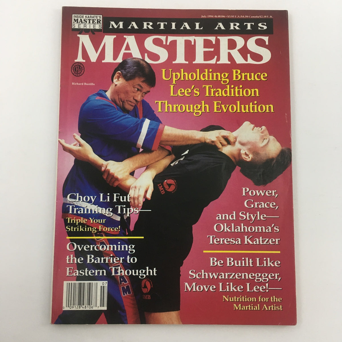 Close-up of the cover of Martial Arts Masters Magazine July 1994, showcasing Richard Bustillo and articles on martial arts training strategies.