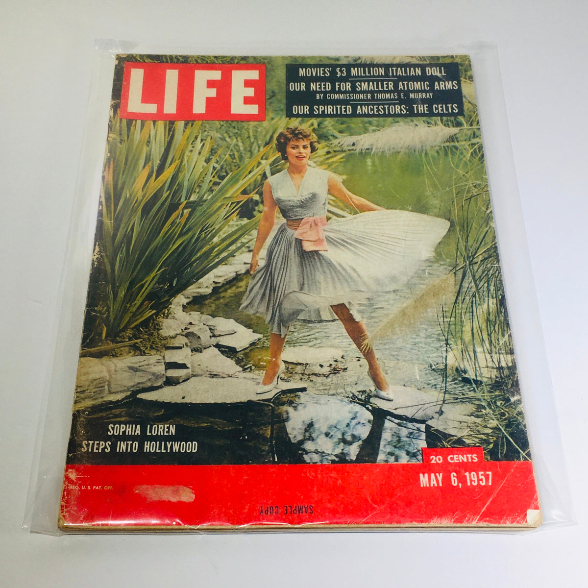 Cover of VTG Life Magazine from May 6, 1957 featuring Sophia Loren, showcasing a vintage design and article highlights including Commissioner Thomas E. Murray.