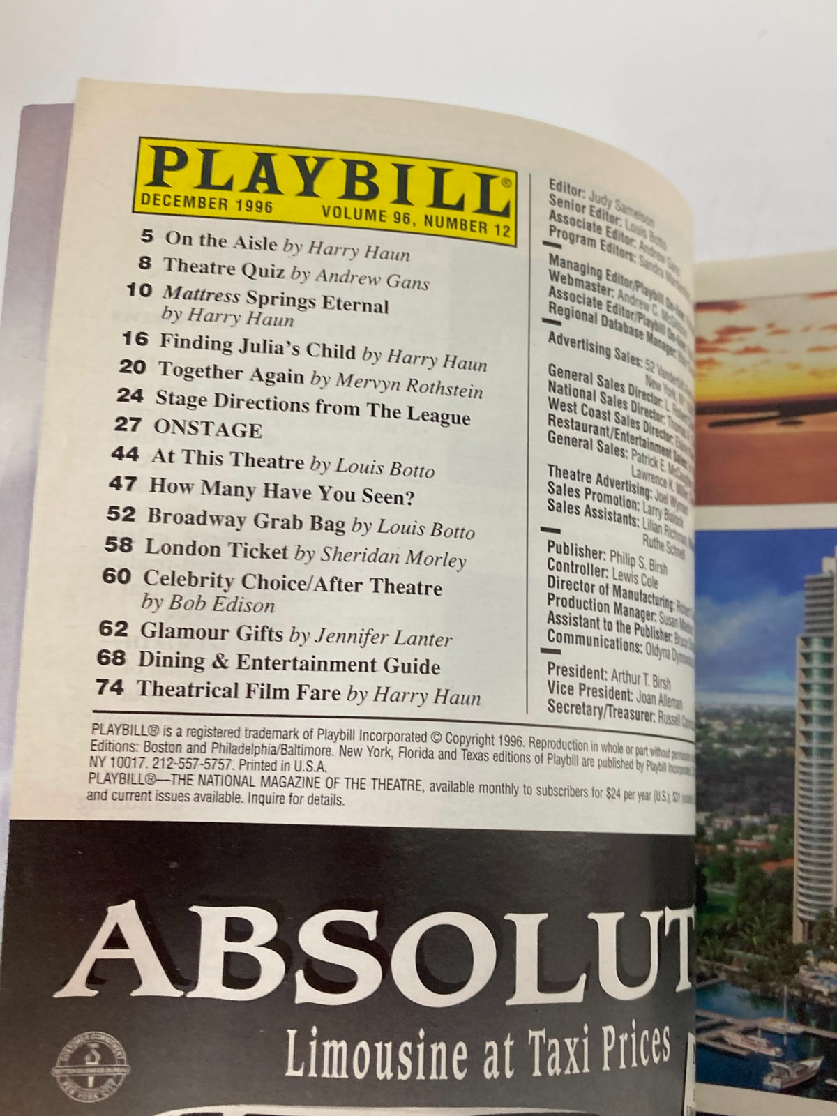 Inside page of the December 1996 Playbill showcasing the contents and articles related to the Manhattan Theatre Club.