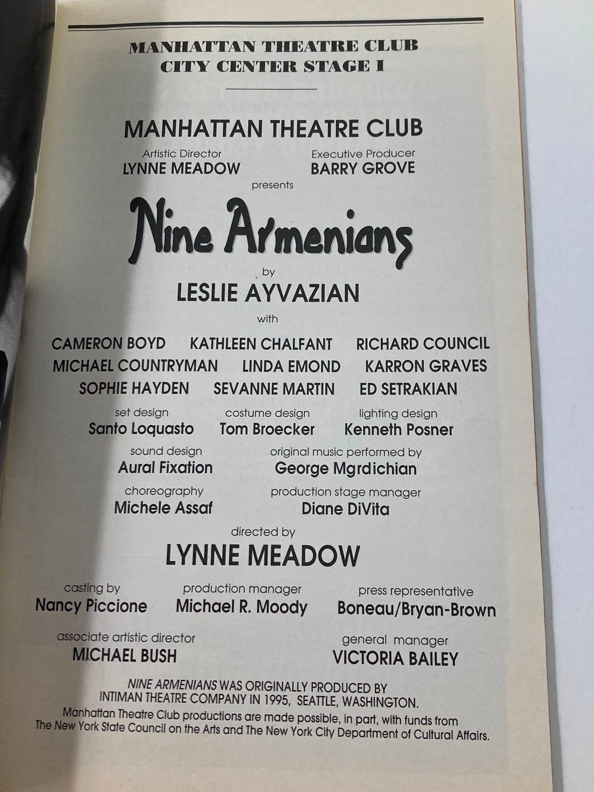 Cast and production credits for the play 'Nine Armenians' in the 1996 Playbill from the Manhattan Theatre Club.