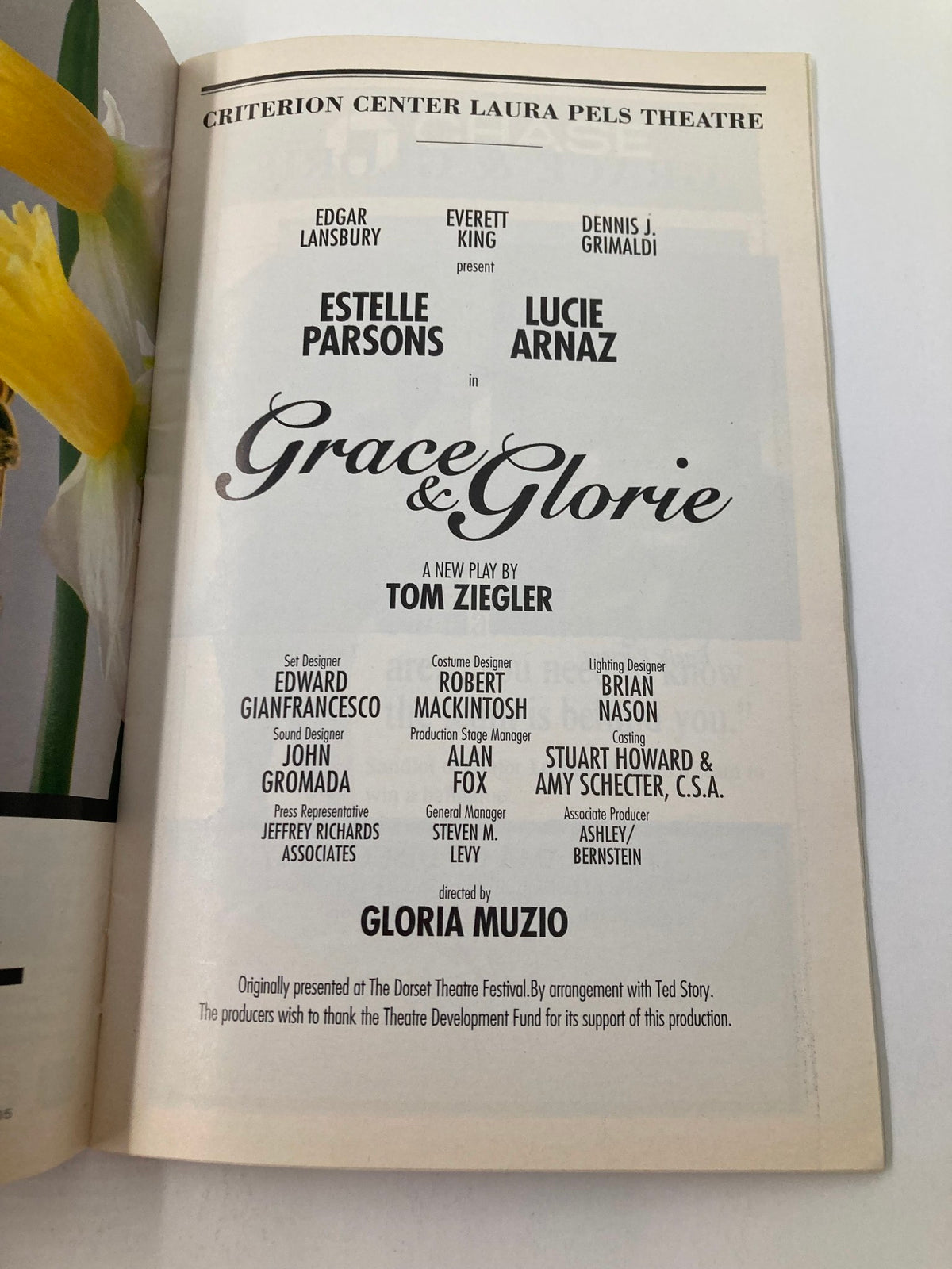 Page featuring cast and crew credits for the 1996 play Grace & Glorie, written by Tom Ziegler, performed at the Criterion Center Laura Pels Theatre.