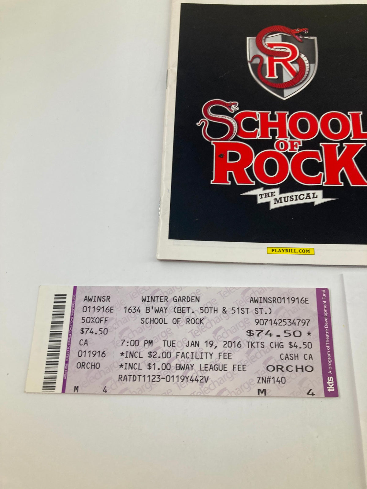 Ticket stub for the performance of School of Rock at Winter Garden Theatre on January 19, 2016, showing pricing and seat information.