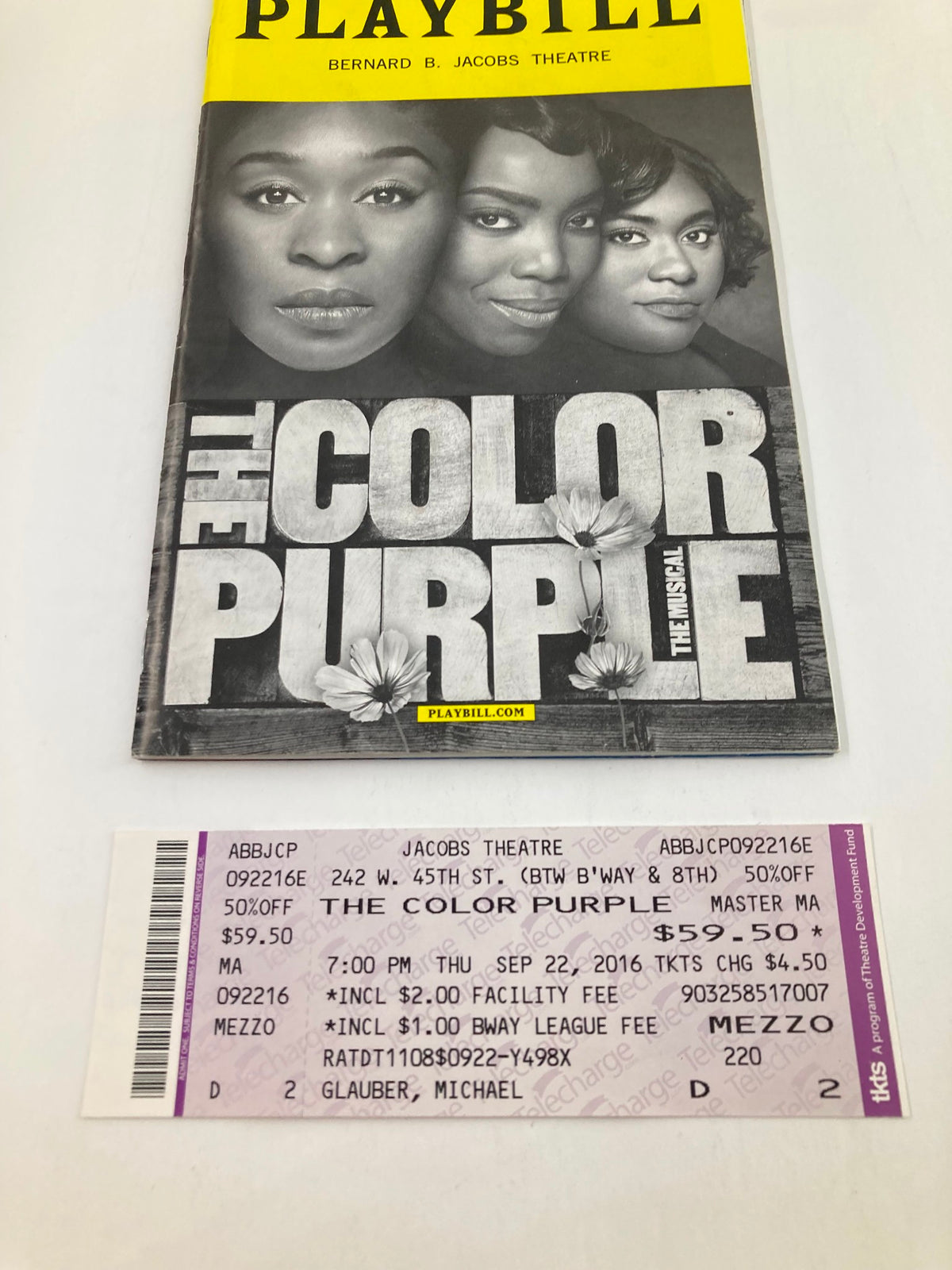 2016 Playbill for The Color Purple at Bernard B. Jacobs Theatre featuring Cynthia Erivo on the cover.