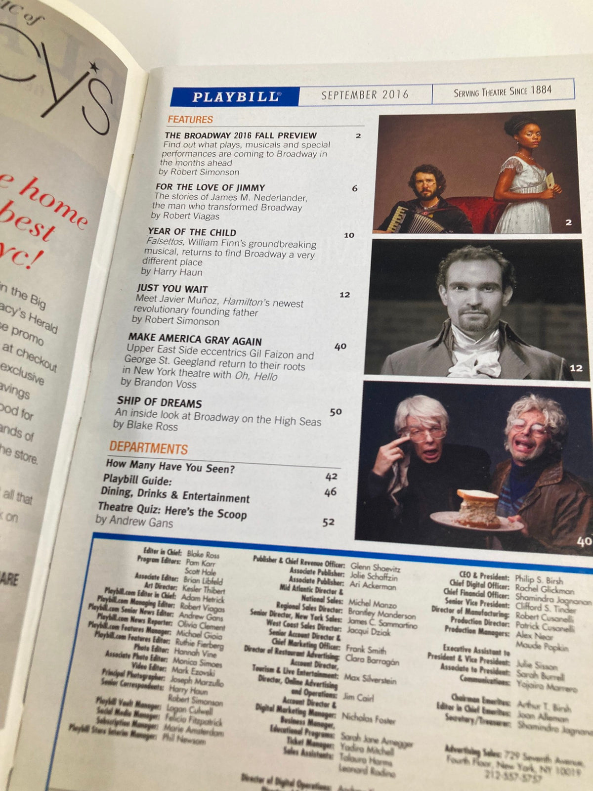 September 2016 issue of Playbill featuring articles and previews, including highlights from Broadway shows.