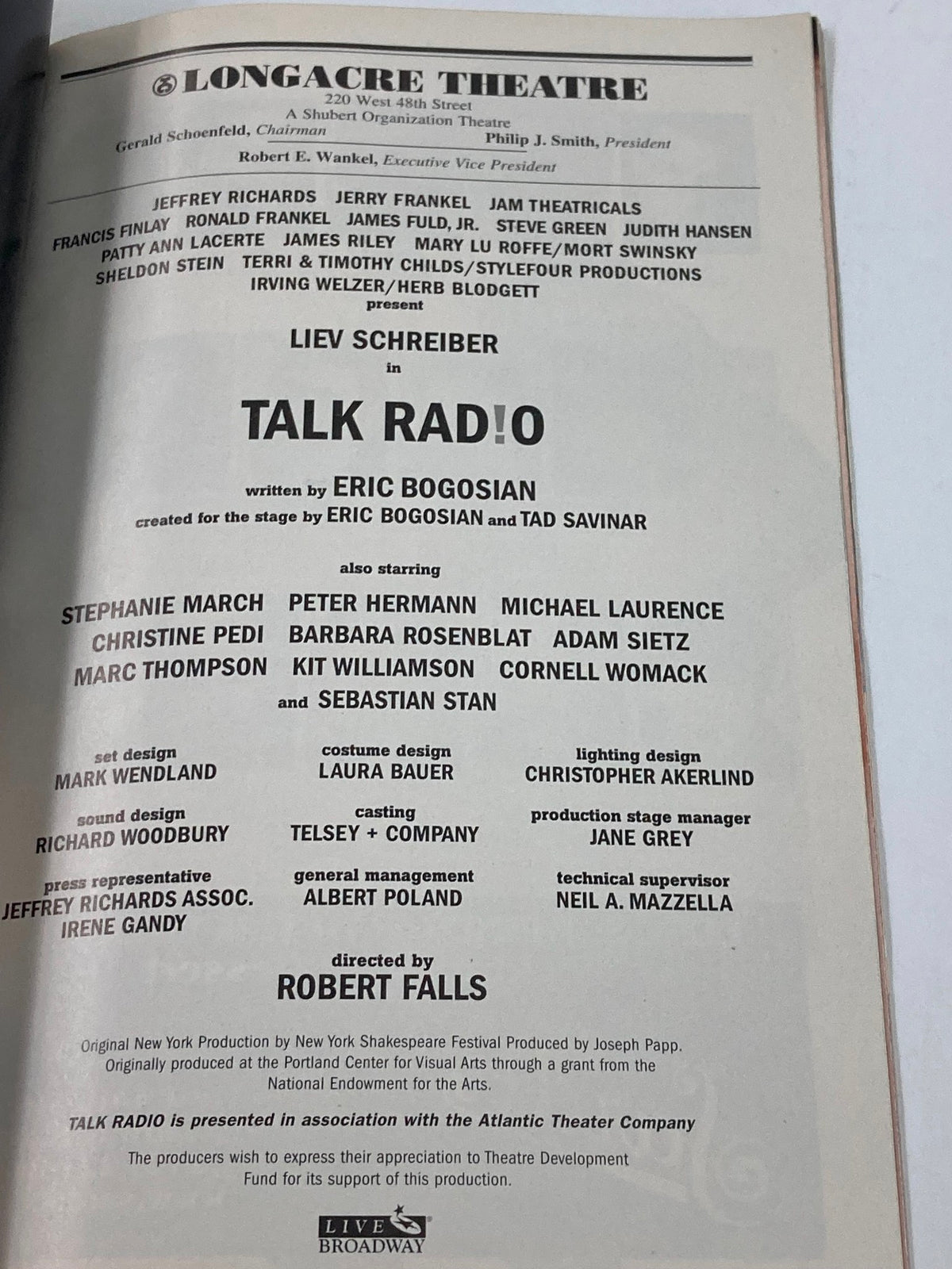 Inside page of the 2007 Playbill for Talk Radio at Longacre Theatre, detailing the cast, crew, and production information, emphasizing the significance of the play written by Eric Bogosian.