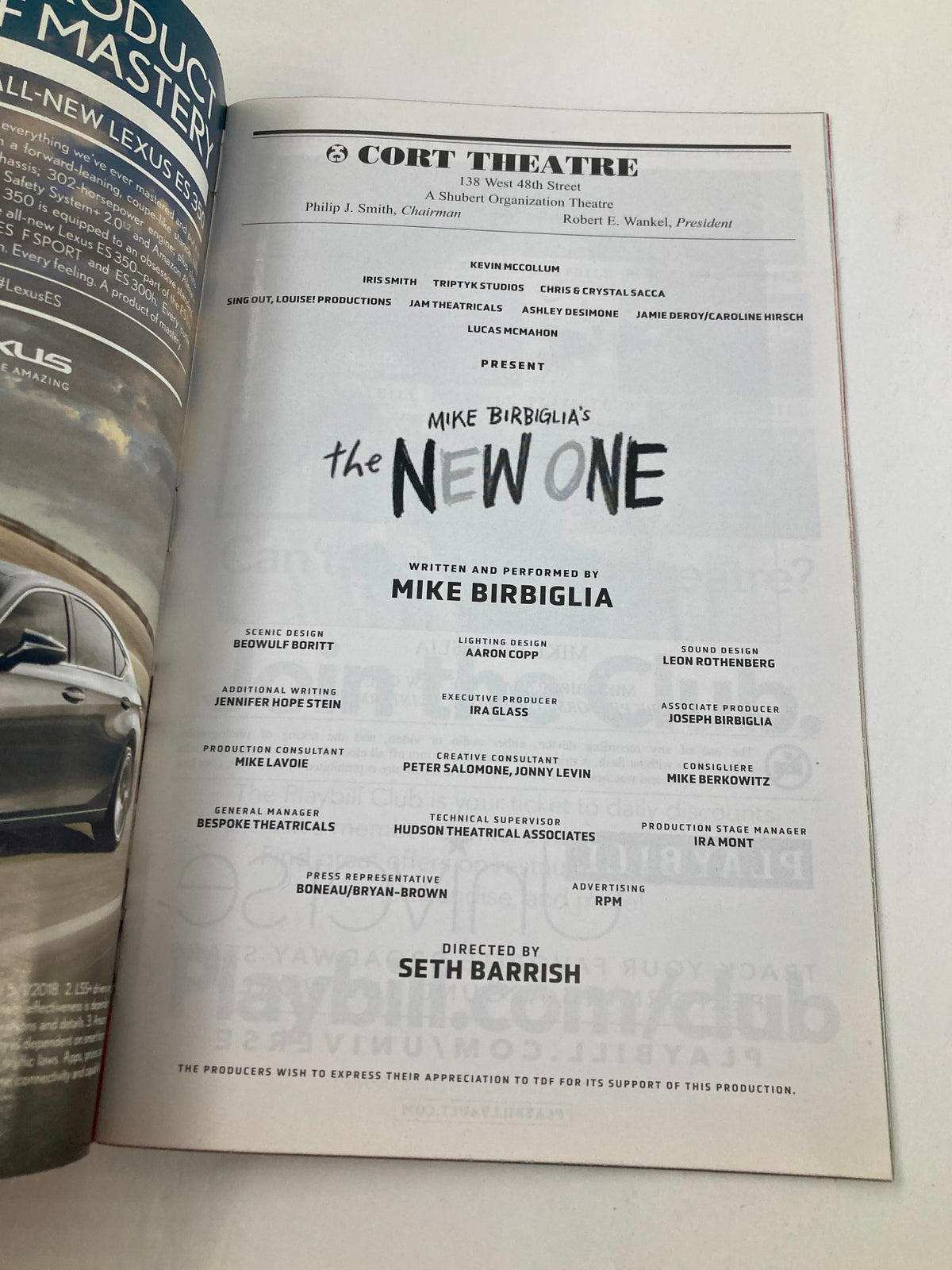 2018 Playbill from Cort Theatre for Mike Birbiglia's The New One, featuring cast and production details.