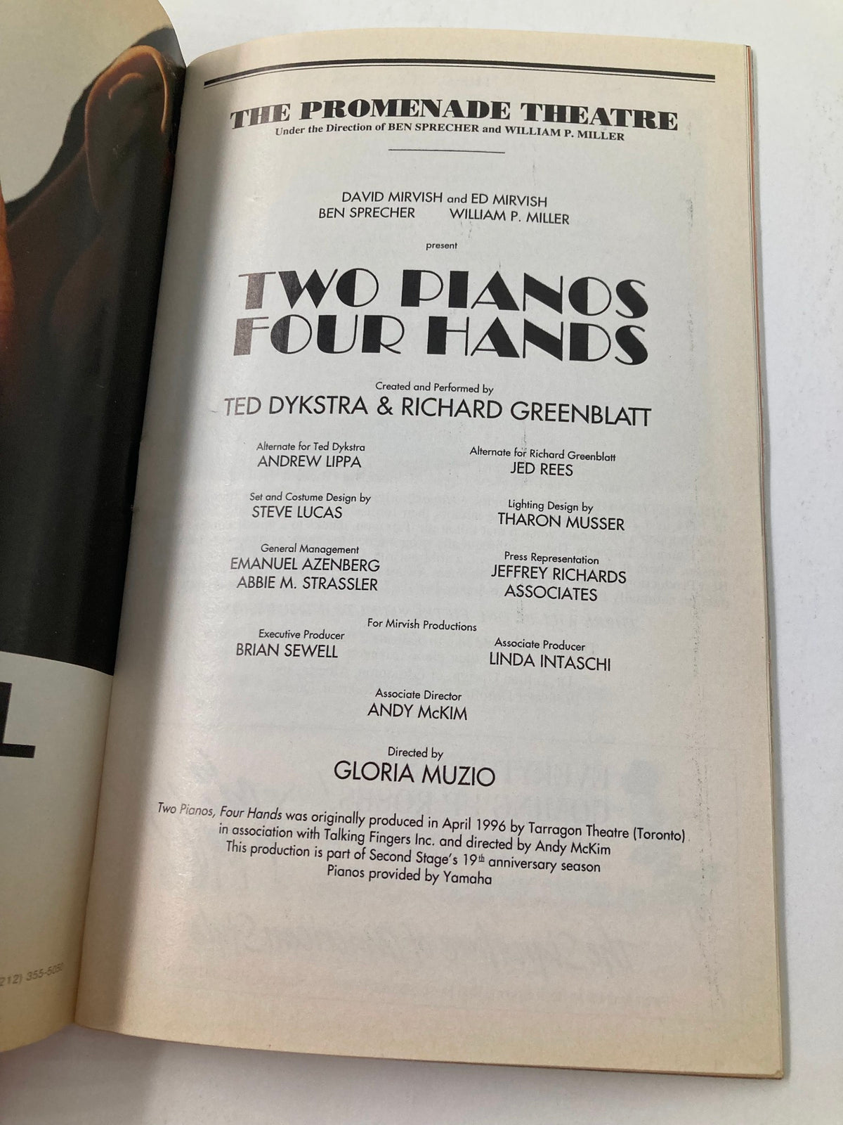 Interior page of the 1997 Playbill for The Promenade Theatre's 'Two Pianos, Four Hands' by Ted Dykstra, showcasing detailed production credits and creative team information.