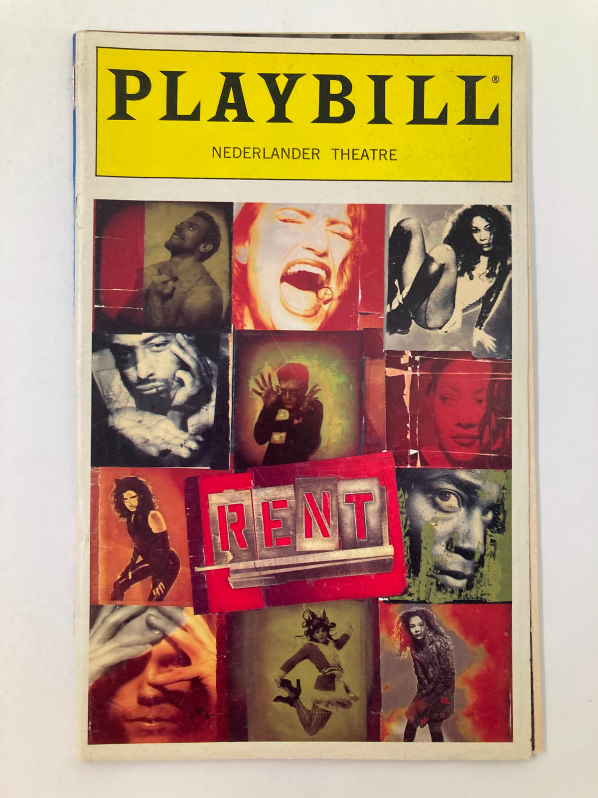 1996 Playbill Nederlander Theatre featuring the musical Rent, showcasing various artistic images related to the production.