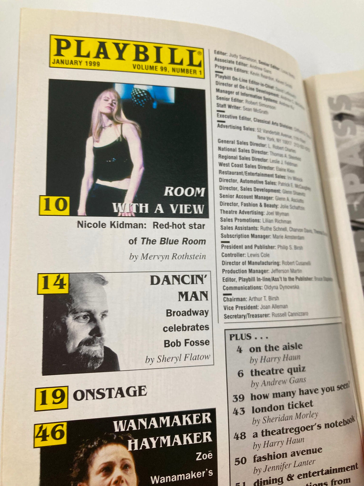 Inside pages of the January 1999 Playbill, highlighting articles and features including Nicole Kidman and Broadway news.