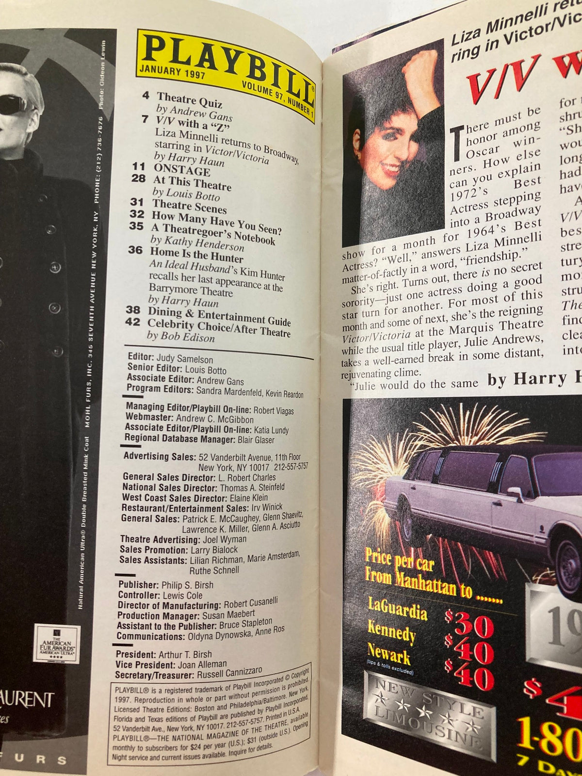 Inside pages of the 1997 Playbill for 'No Way To Treat A Lady', showcasing cast details and editorial information.