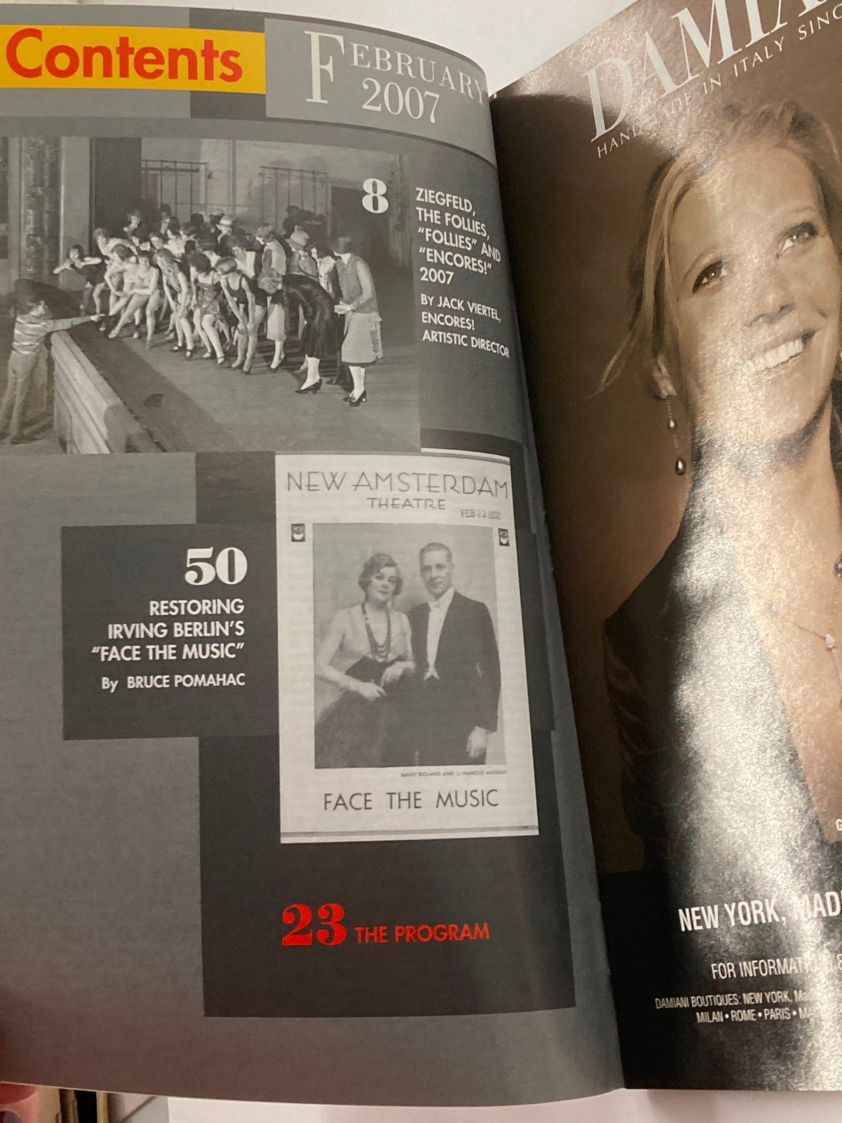 Inside page of the 2007 Playbill for Follies, featuring the contents section including details on Irvings Berlin's Face the Music.