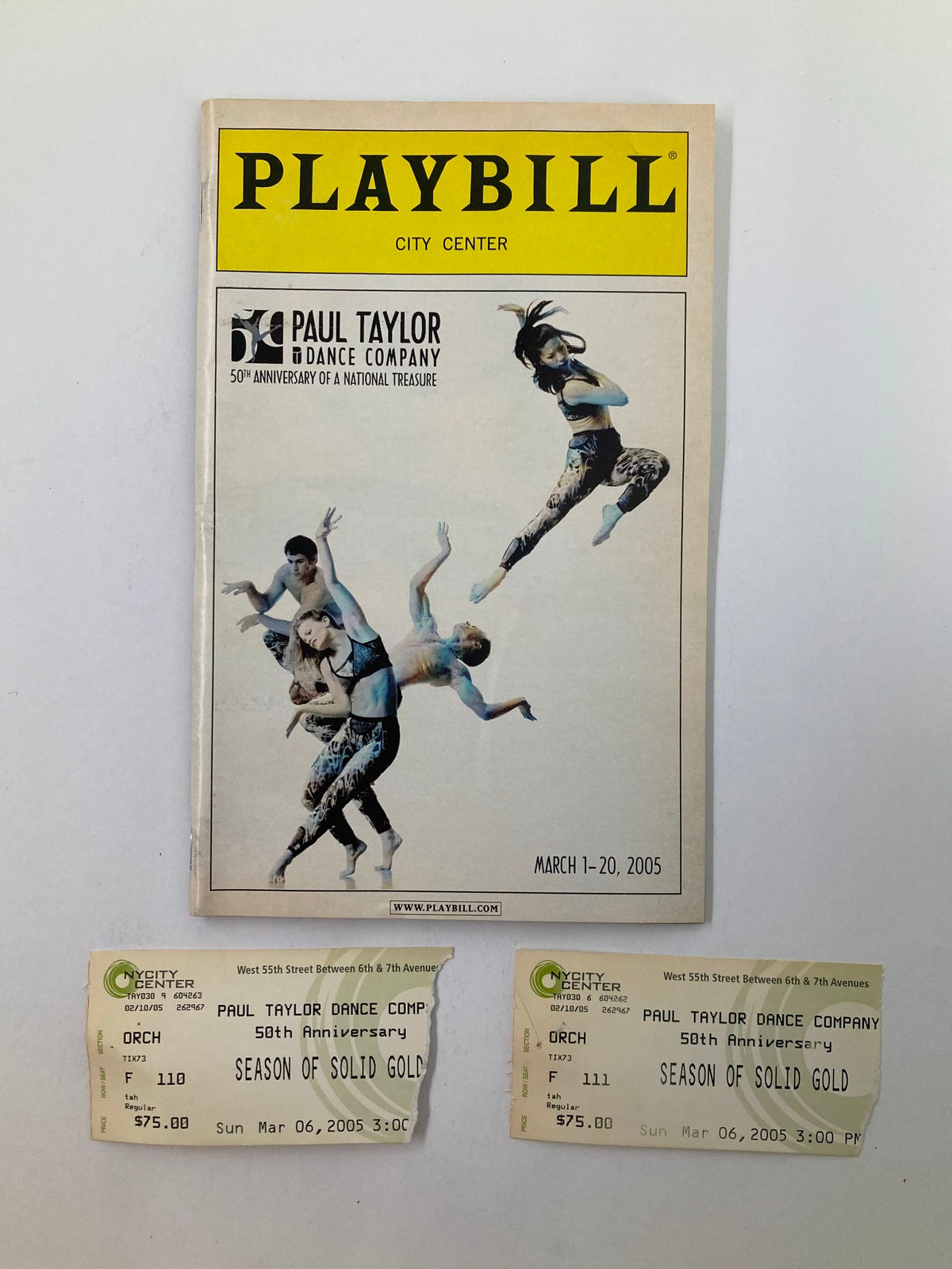 2005 Playbill featuring Patrick Corbin in Paul Taylor Dance Company alongside tickets for 'Season of Solid Gold', showcasing a dance performance at New York City Center.