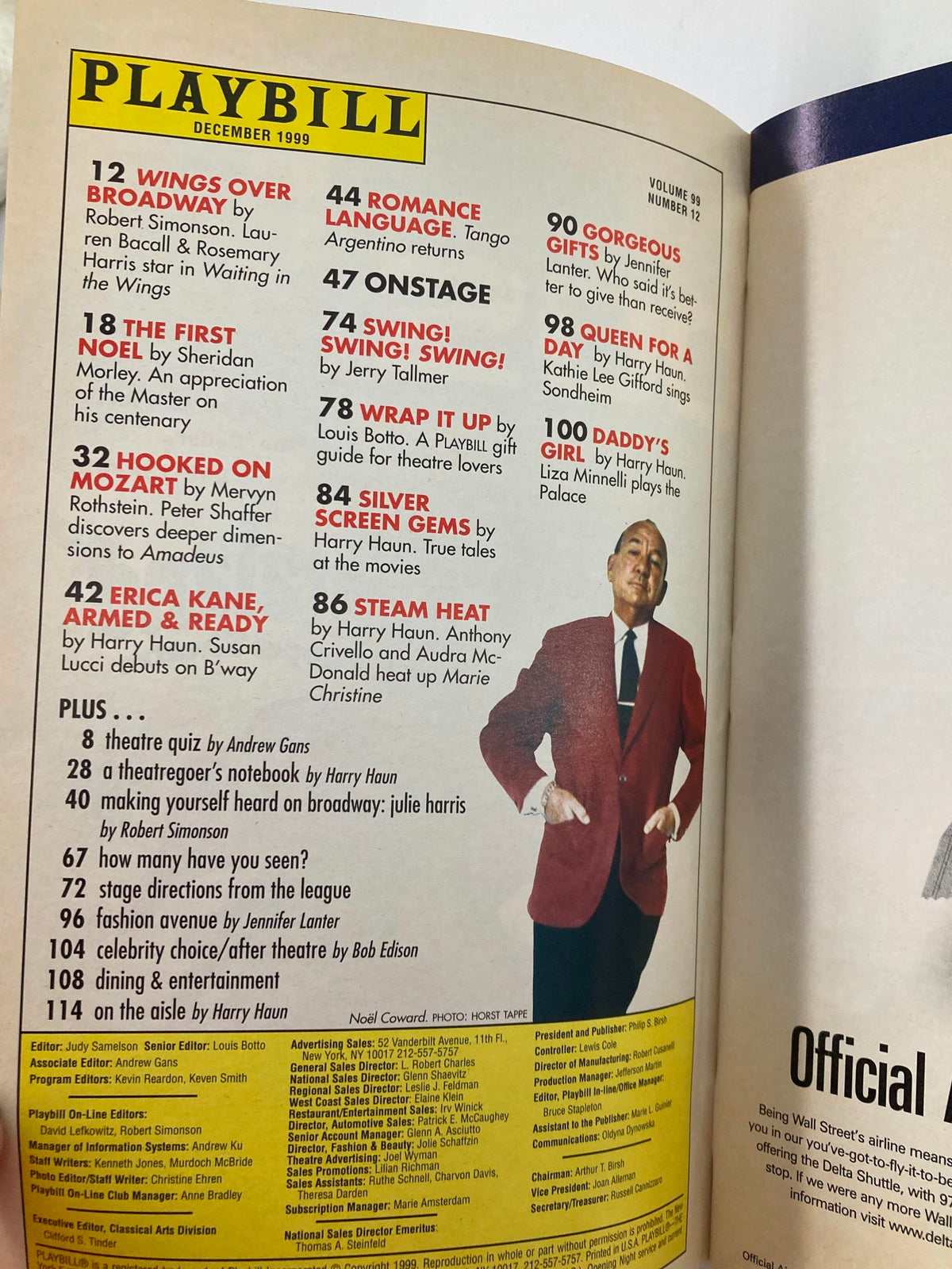 Inside page of the 1999 Playbill from Westside Theatre, displaying other shows including The Vagina Monologues, with a detailed content list.
