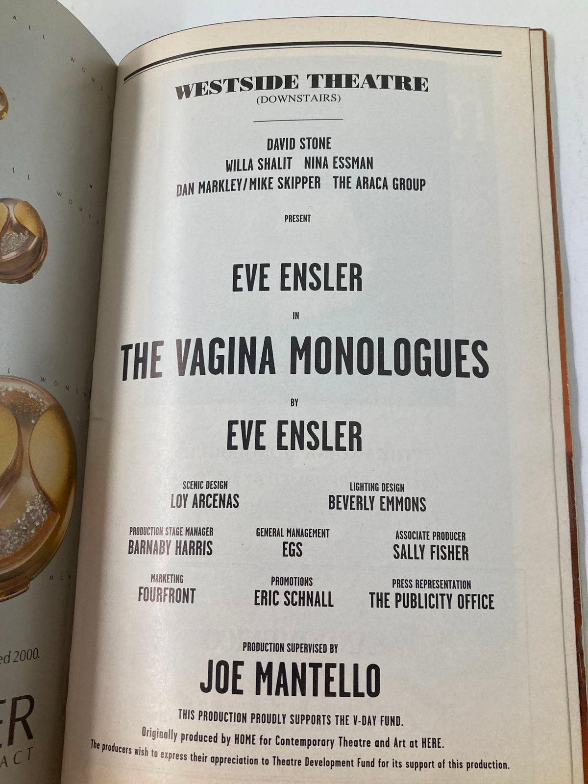 Production credits page of the 1999 Playbill from Westside Theatre for The Vagina Monologues, detailing creators and contributors involved in the performance.